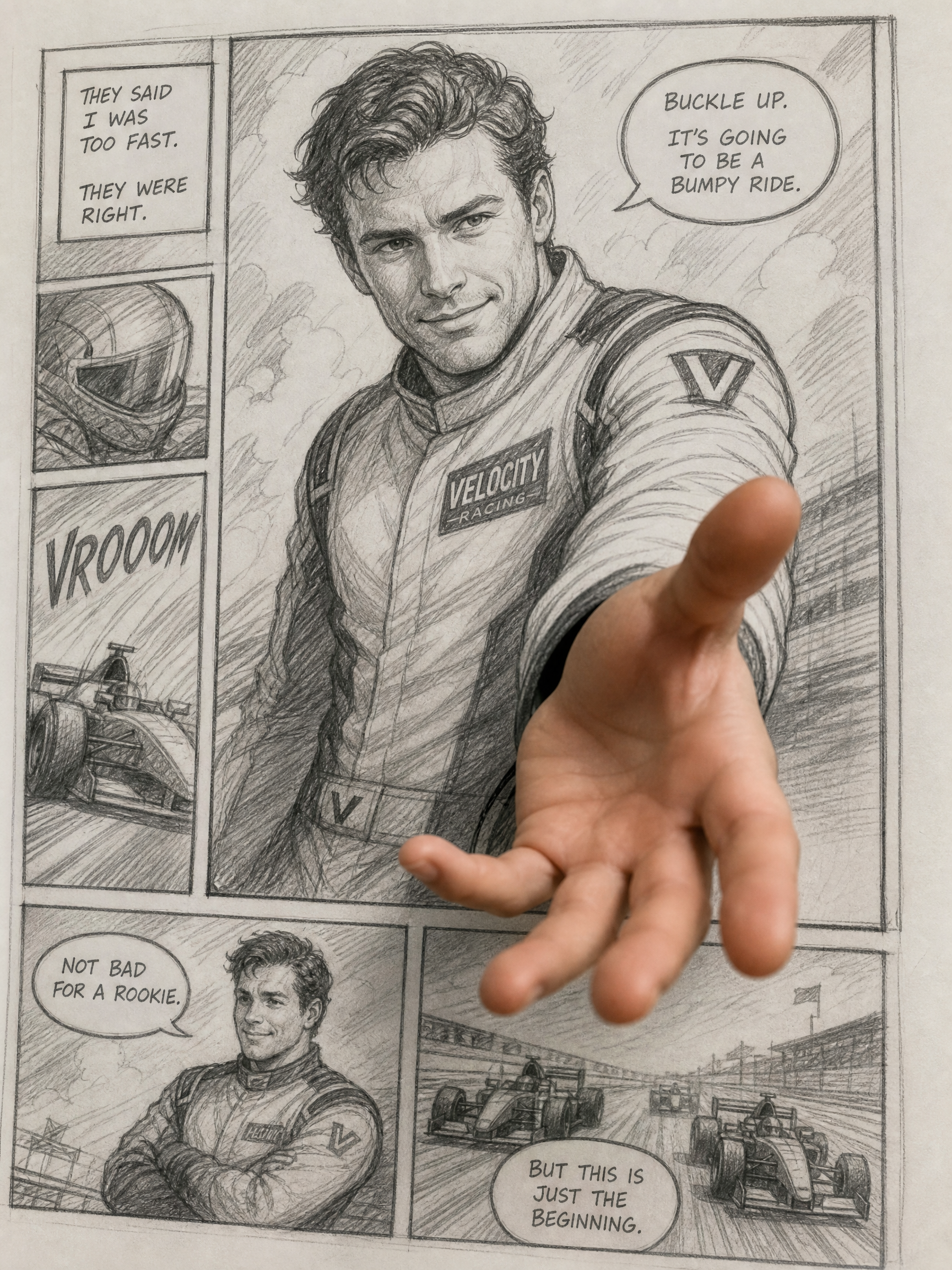 Pencil sketch comic page of a race car driver, with a lifelike human hand reaching out of the artwork to break the fourth ...
