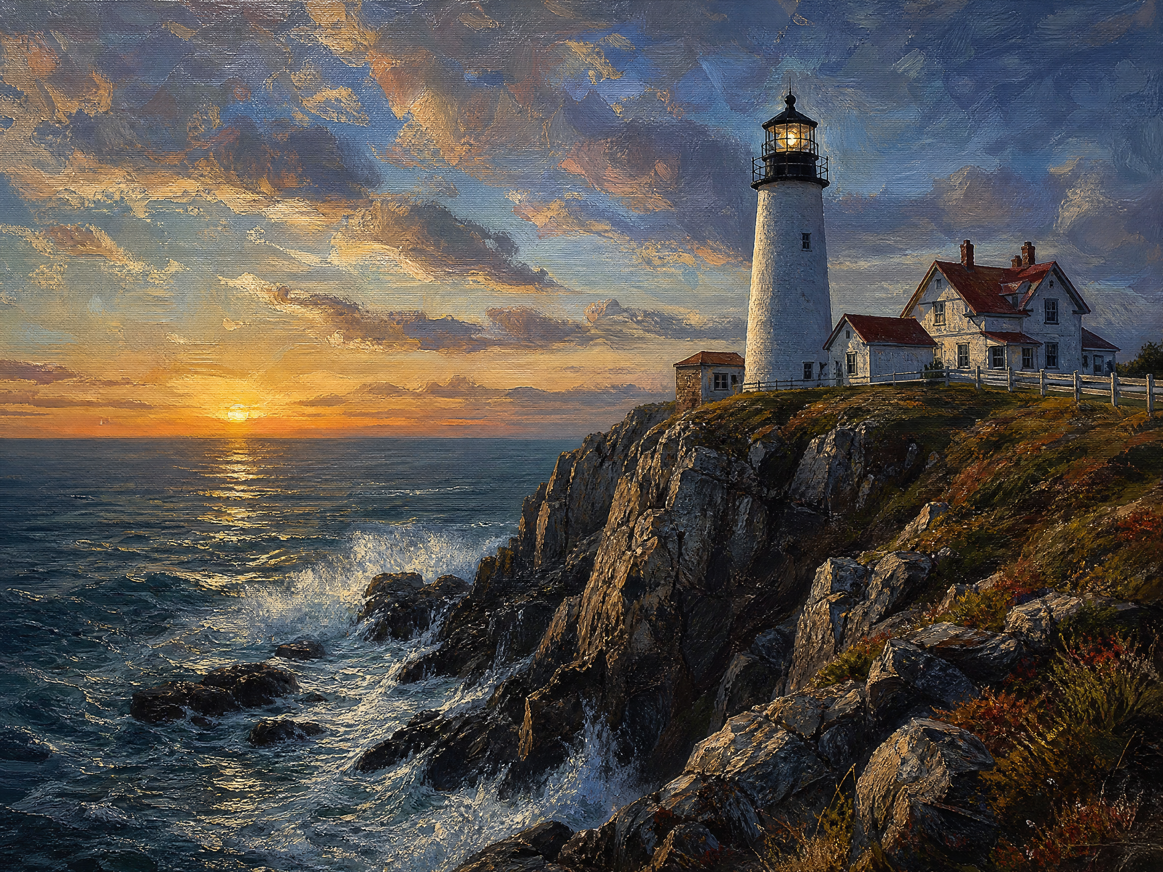 Oil painting of a white coastal lighthouse on rocky Atlantic cliffs at sunset, with a lit beacon and waves crashing below.