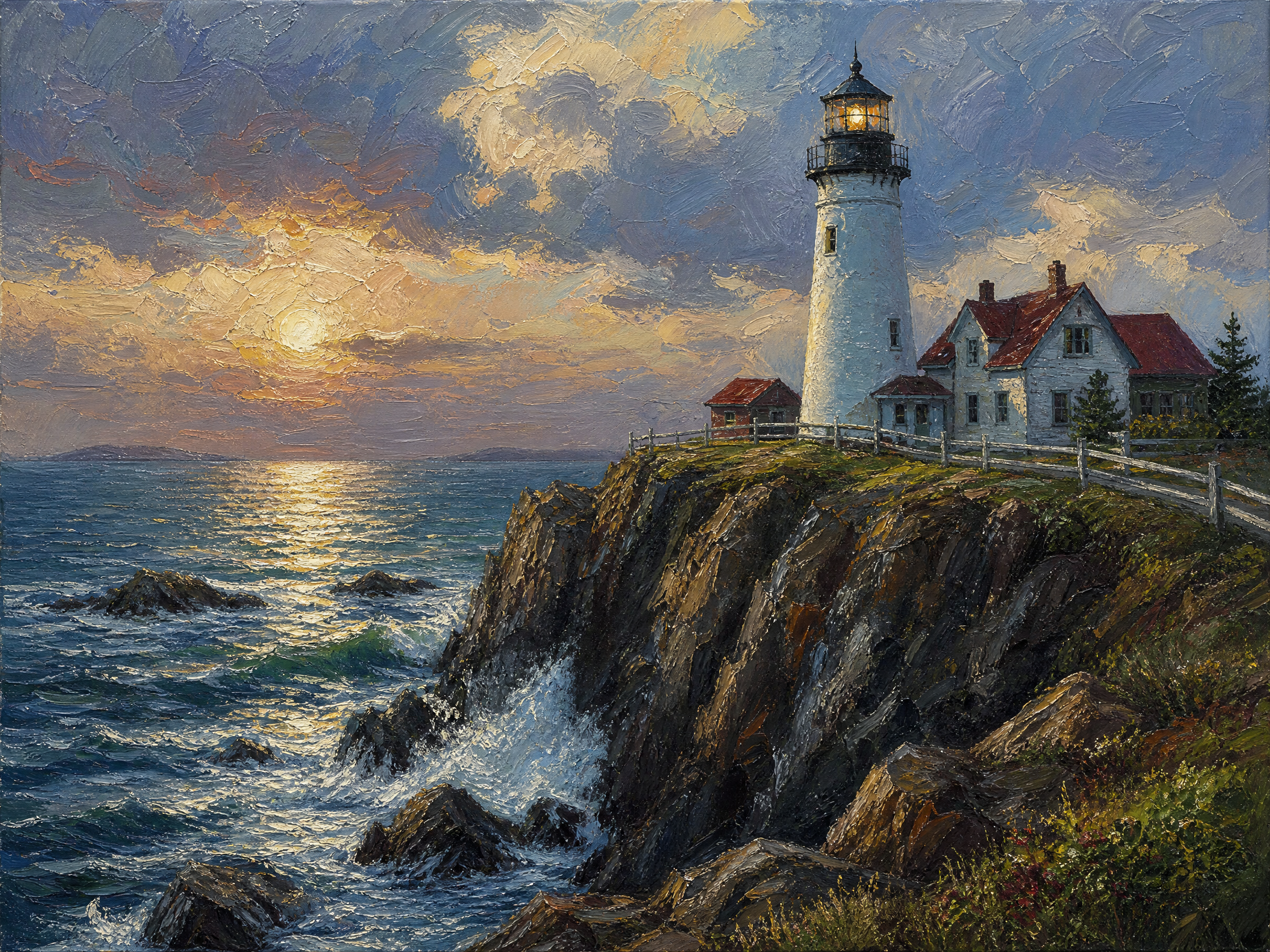 Impressionist oil painting of a lit white lighthouse atop a rocky coastal cliff at golden sunset, with crashing ocean wave...