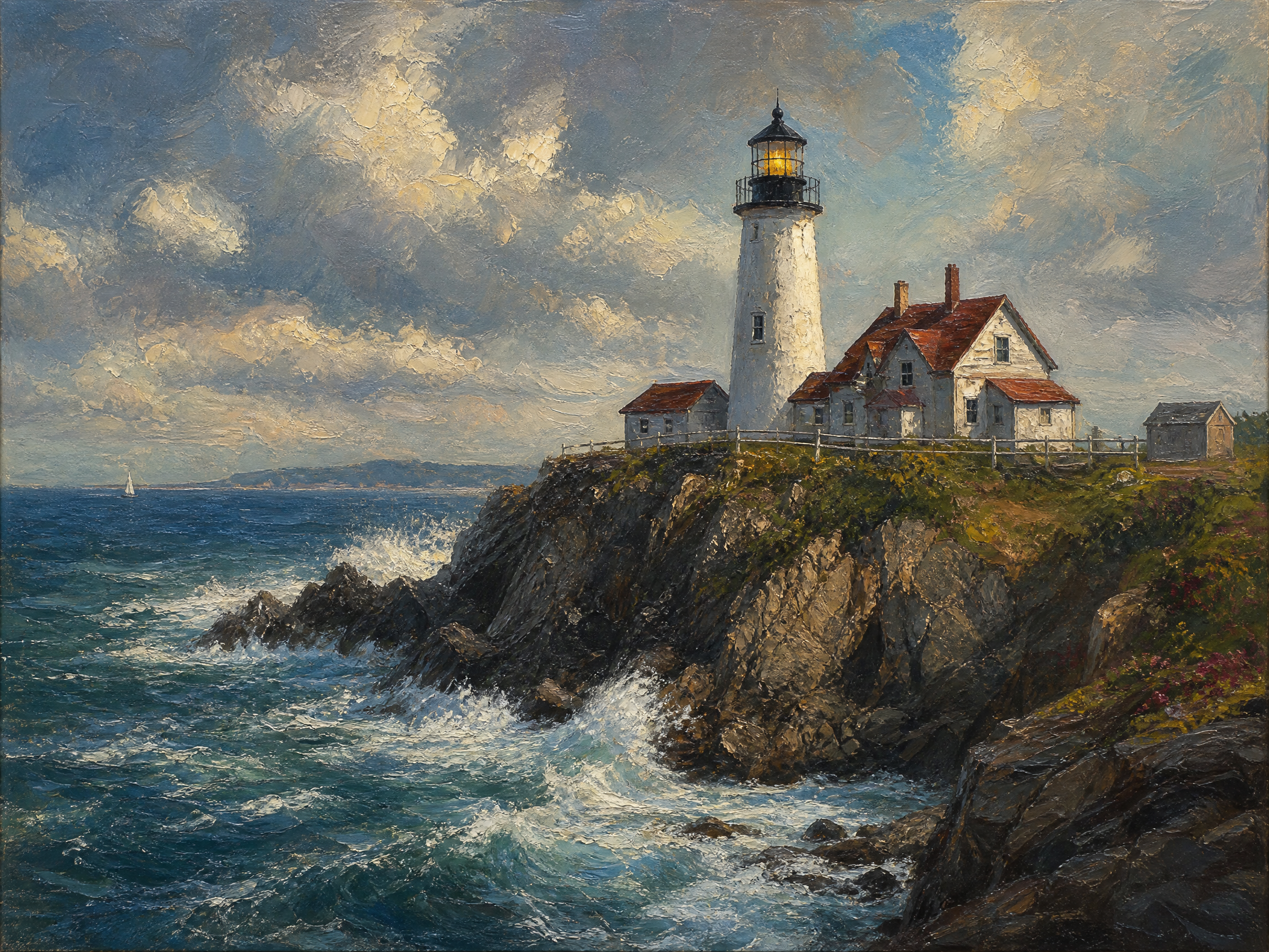 Oil painting of a lit white lighthouse with red-roofed cottages perched on a rocky coastal cliff, with crashing ocean wave...