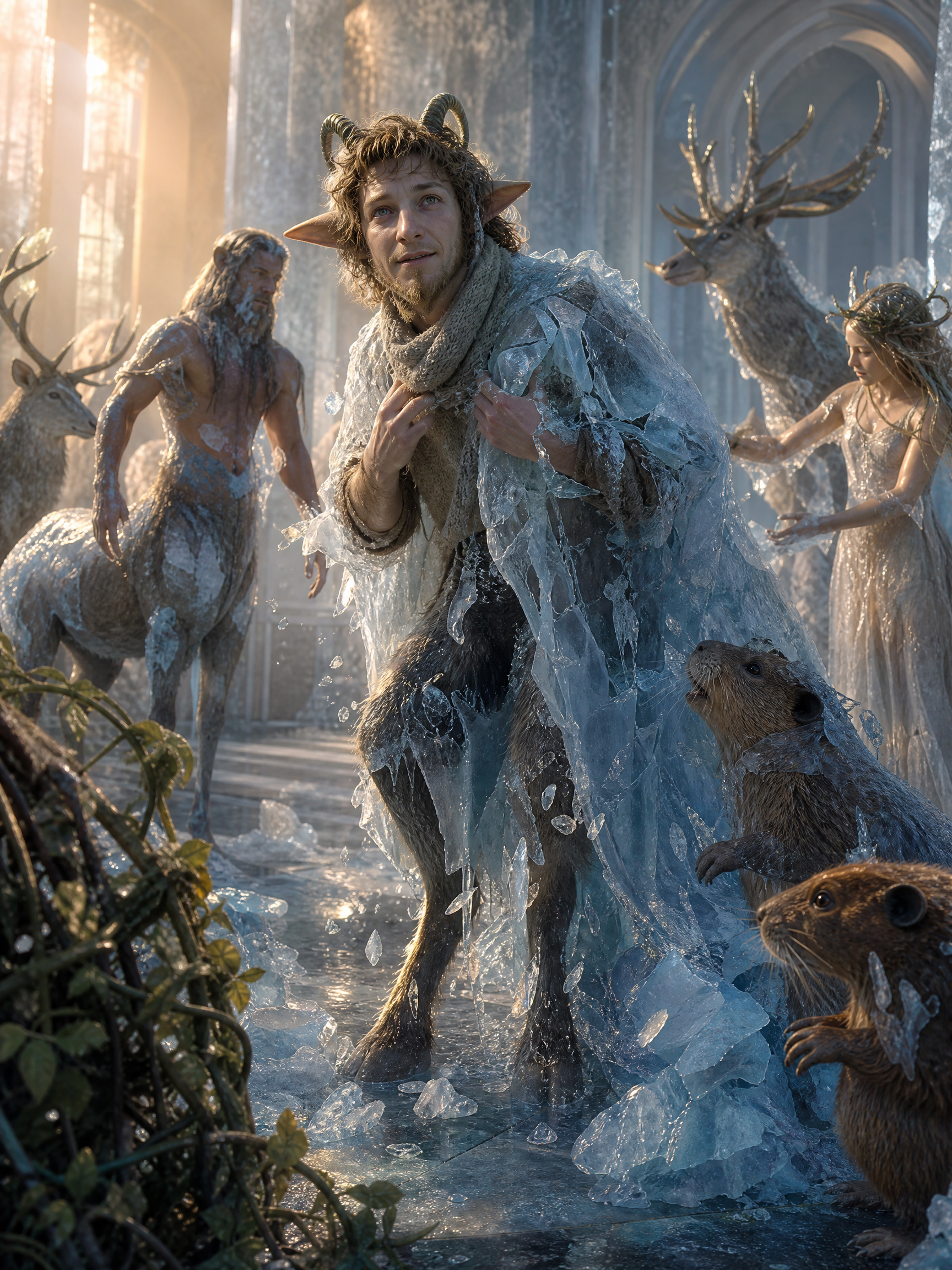 Frosted mythical fantasy creatures including a horned satyr, centaur, elf, enchanted stags and beavers in a sunlit icy Got...