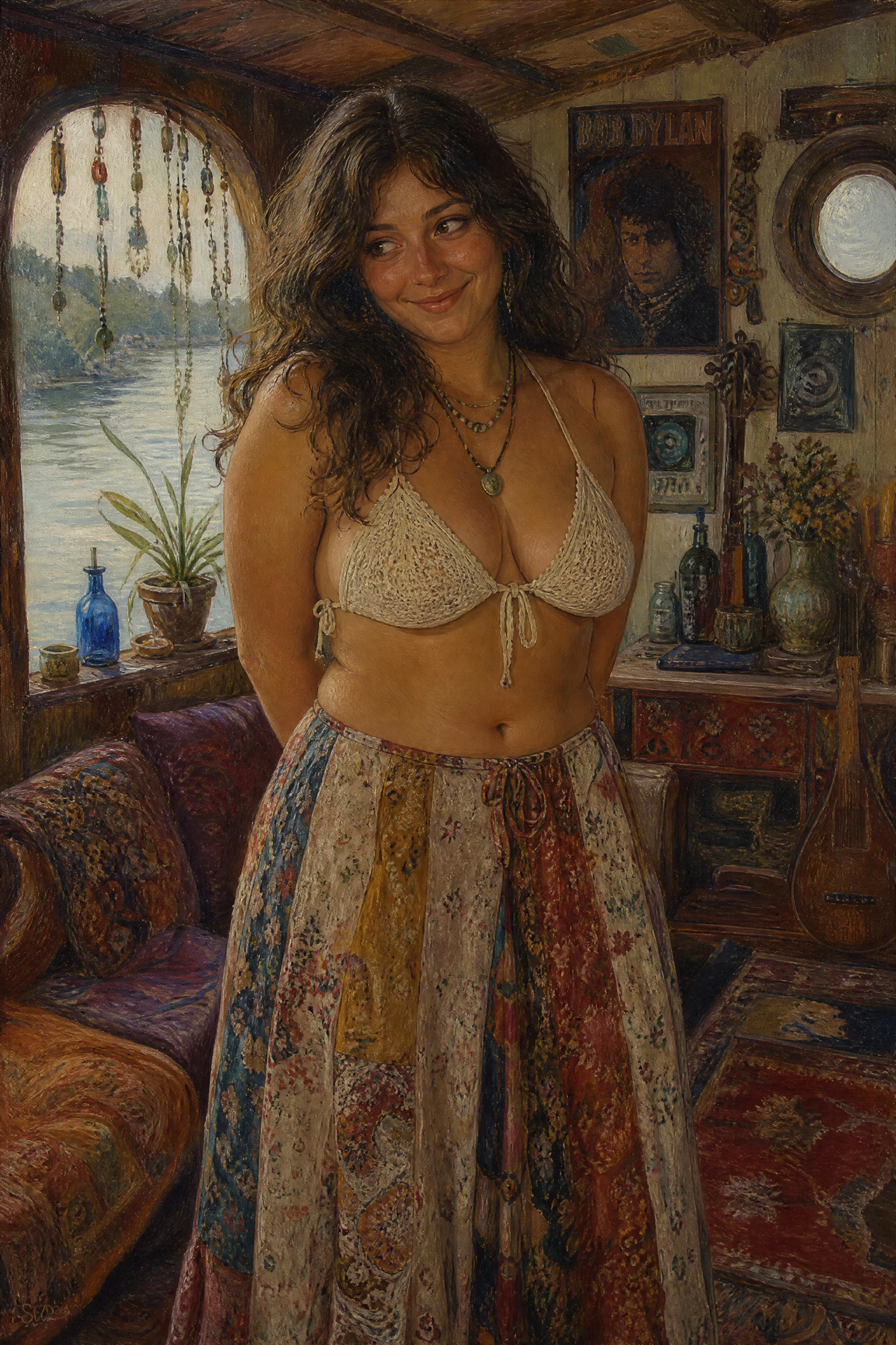 Oil portrait of a smiling bohemian woman standing inside a cozy, decor-filled houseboat with a river view.