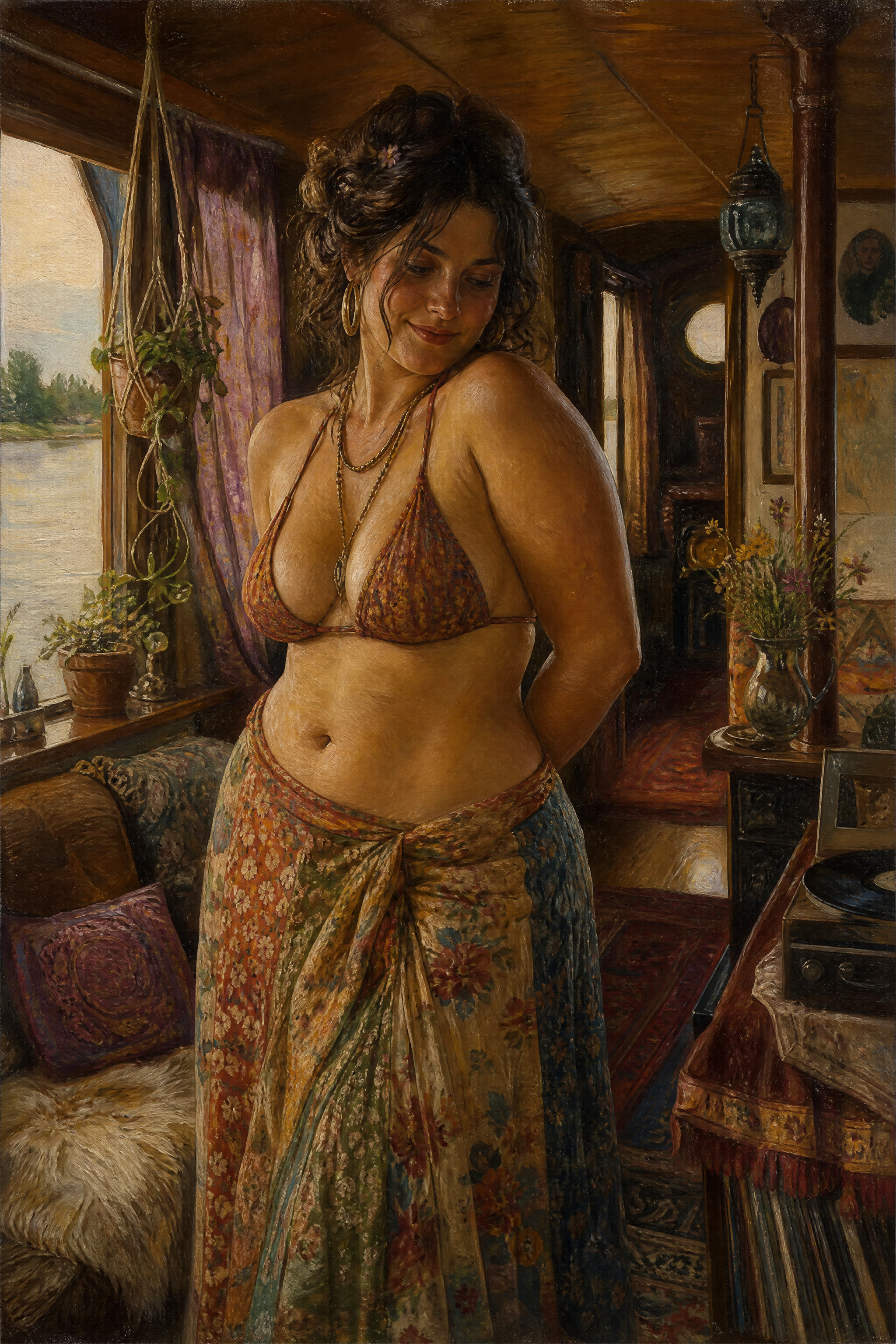 Oil painting of a smiling curvy woman in boho swimwear standing inside a cozy sunlit vintage houseboat cabin