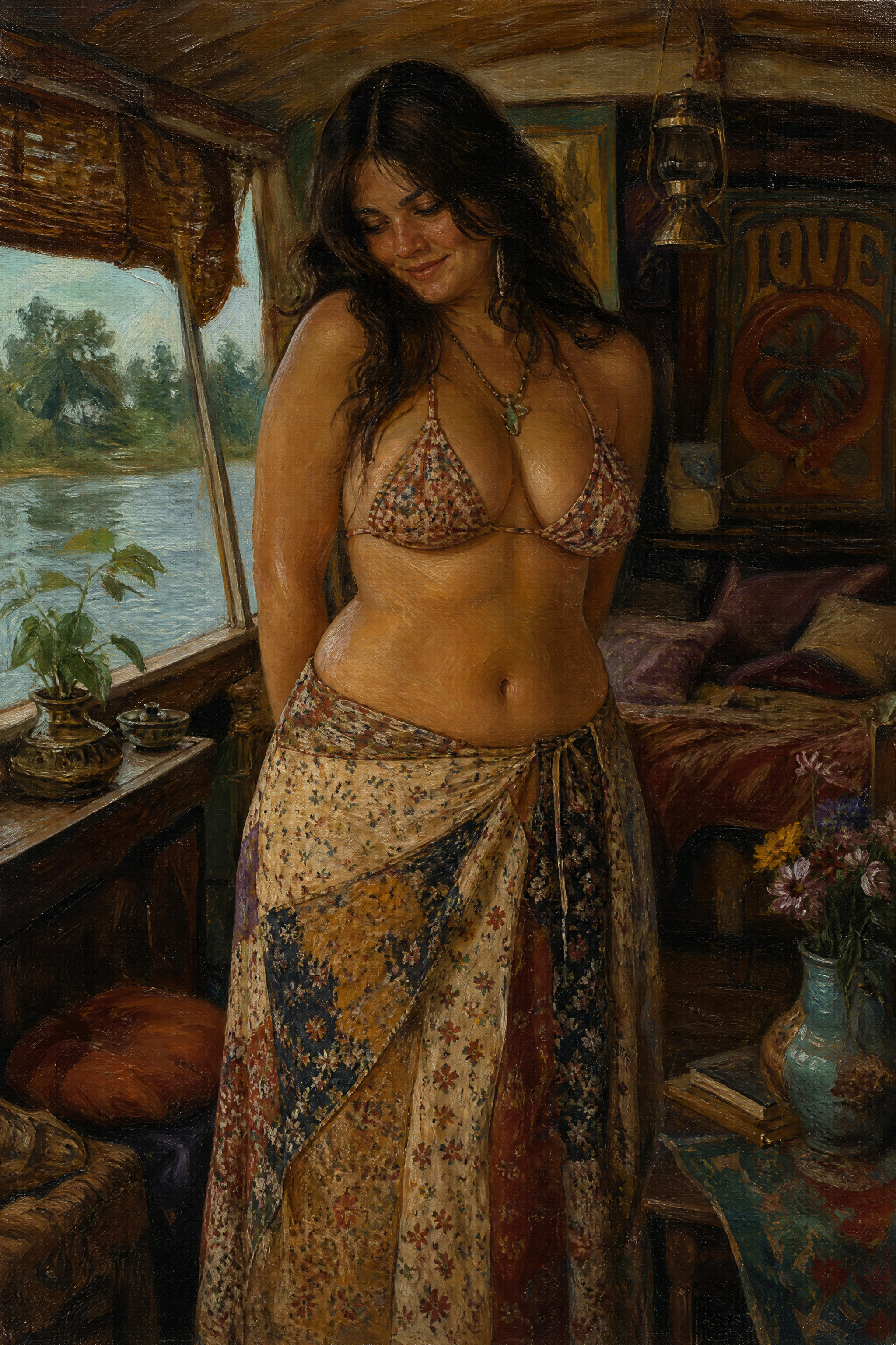 Realistic oil painting of a smiling curvy woman standing inside a cozy bohemian river houseboat cabin