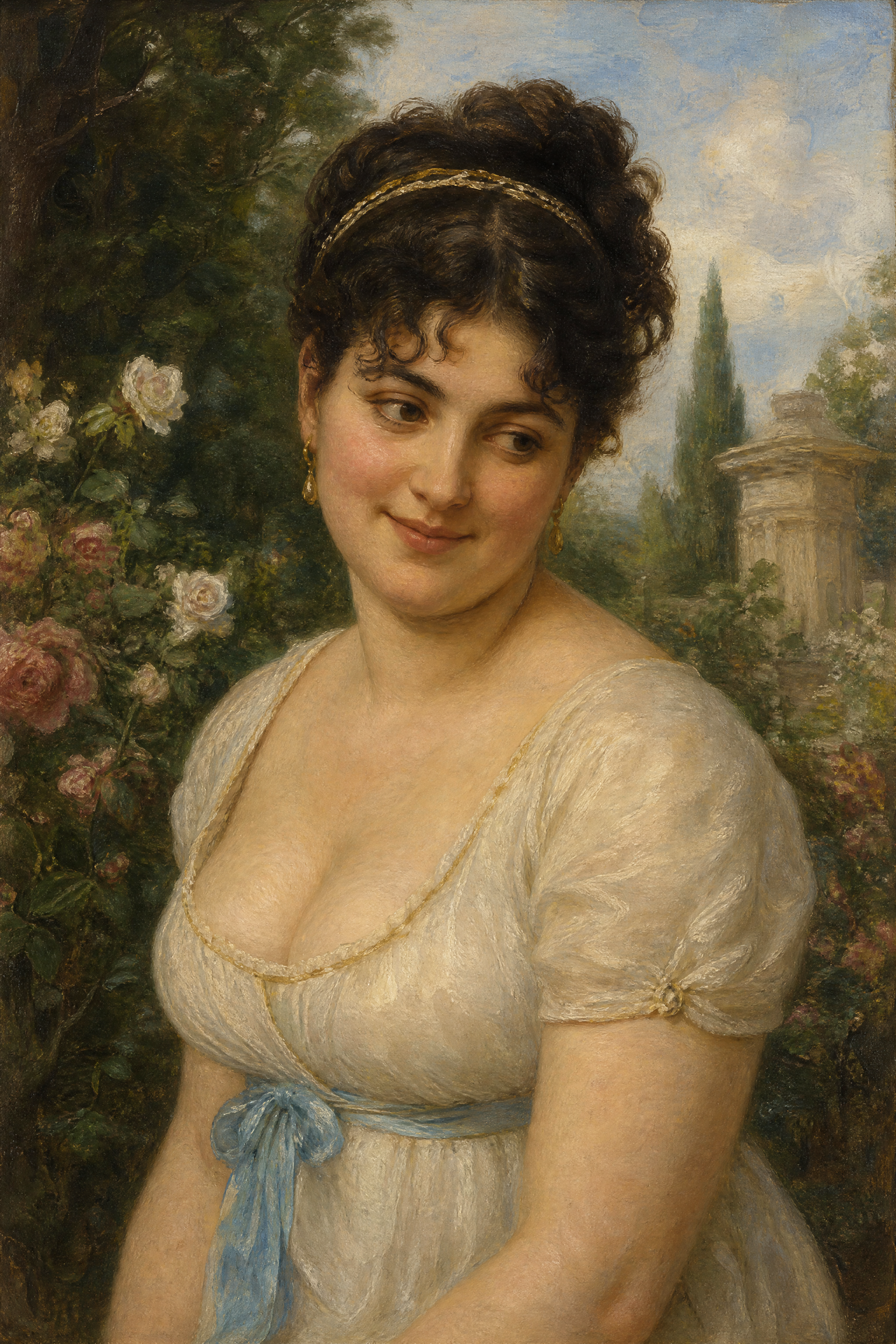 Oil portrait of a smiling Regency-era woman in a sheer white gown posed in a flowering rose garden