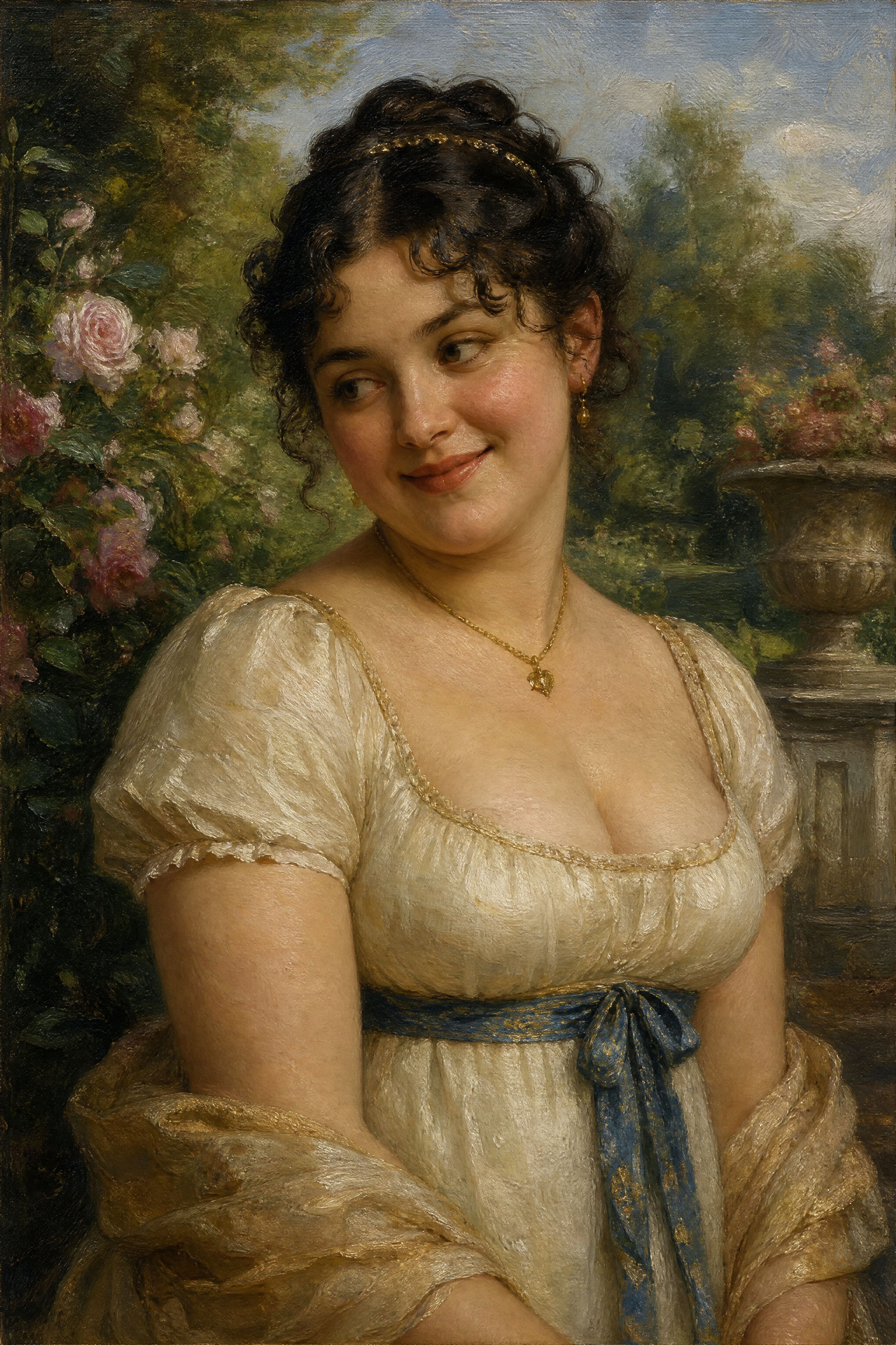 Oil portrait of a smiling young Regency woman in a cream gown, posed in a lush blooming rose garden.
