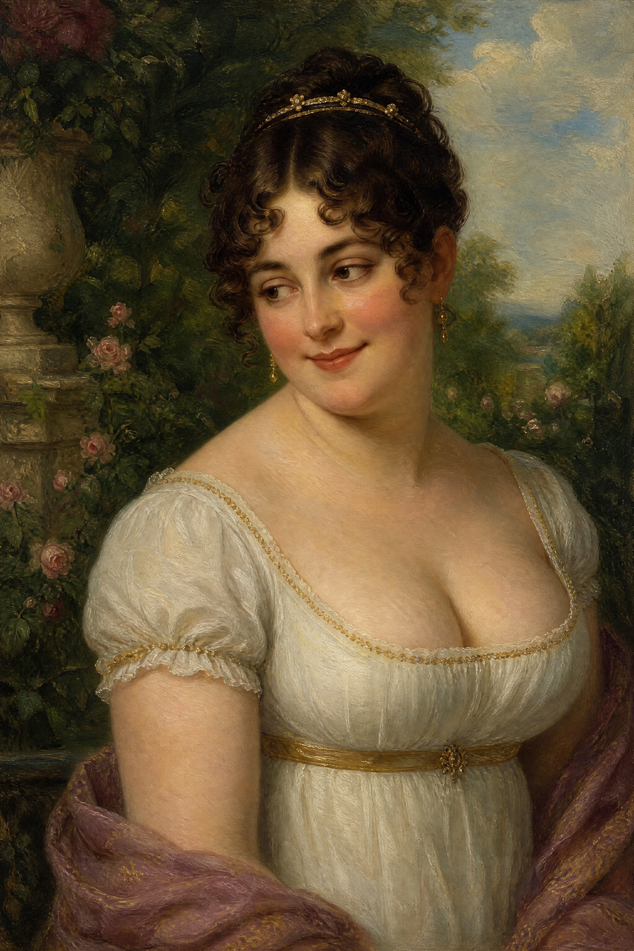 Oil portrait of an elegant Regency-era woman in a white empire gown, posed in a lush blooming rose garden