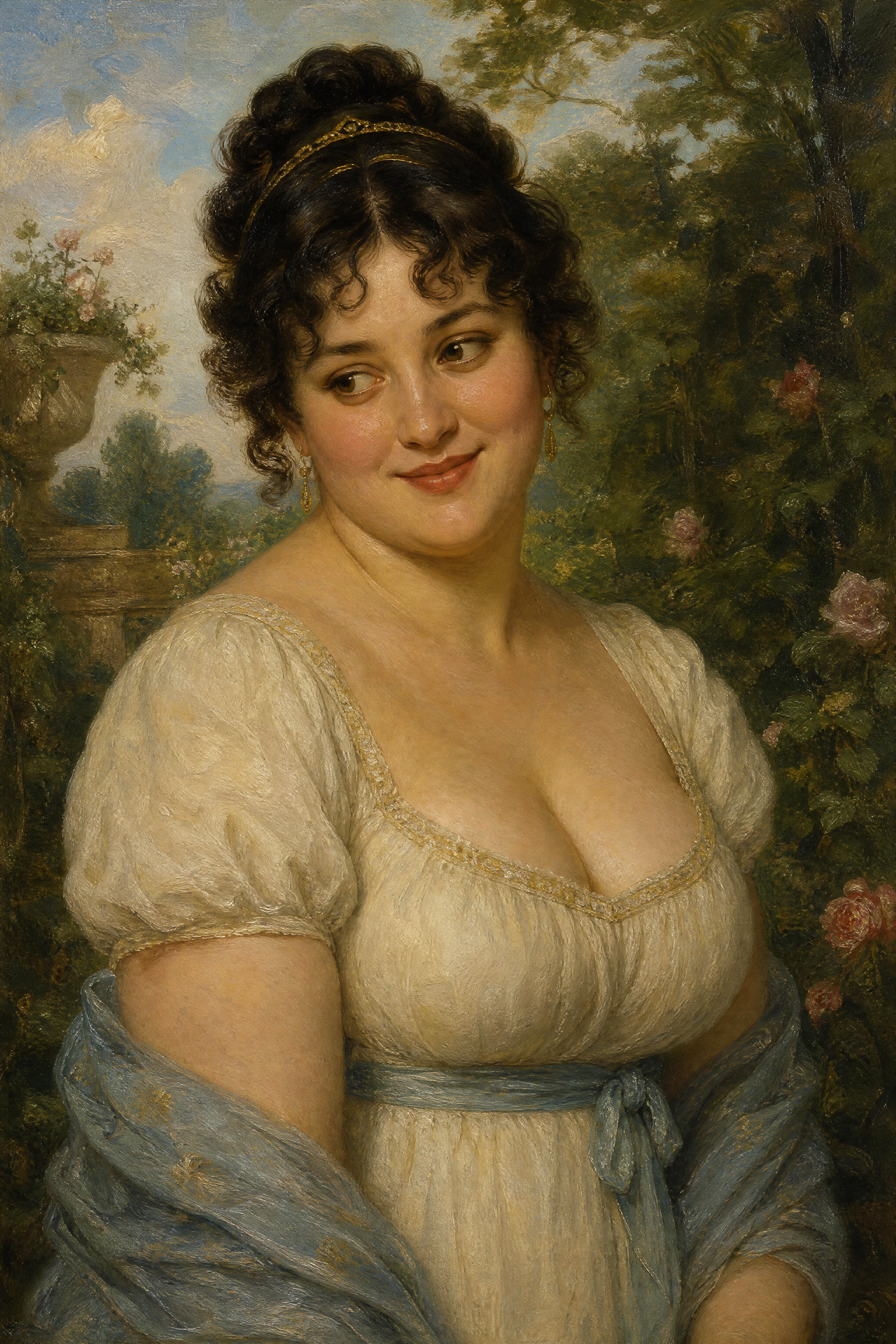 Oil portrait of a smiling Regency-era woman in a cream gown, posed against a lush flowering garden backdrop.
