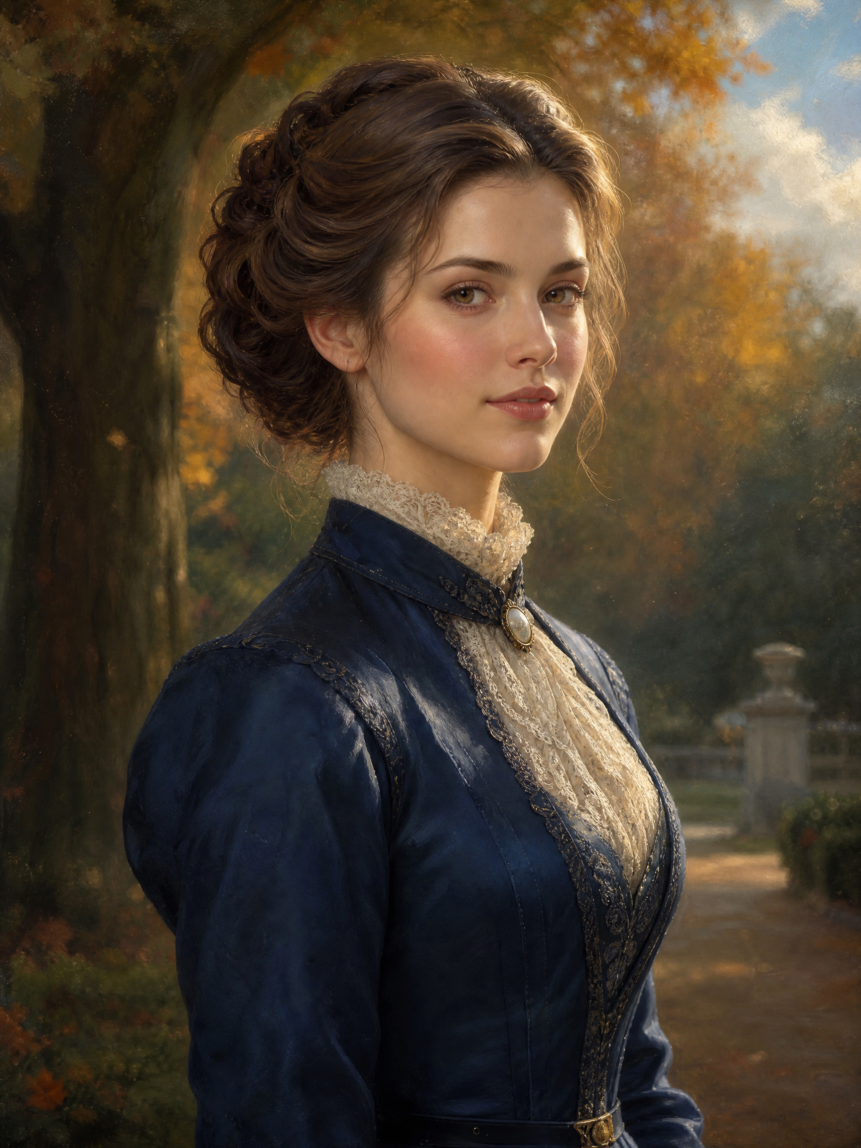 Oil portrait of elegant Victorian woman in lace-trimmed navy gown, standing in sunlit autumn garden