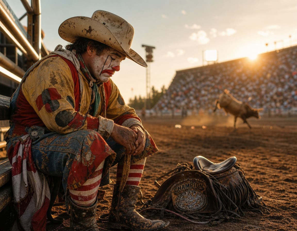 Weary muddy rodeo clown sits at arena edge at golden sunset, championship belt at his feet, bucking bull blurred in the ba...