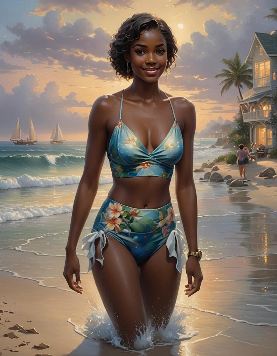 Smiling Black woman in floral two-piece bikini stands in shallow beach surf during a warm golden sunset, with a coastal oc...