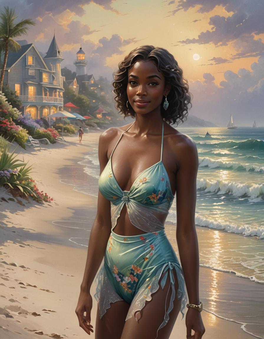 [Poised elegant Black woman in floral turquoise swimwear stands on a sandy sunset beach with coastal cottages and lighthou...