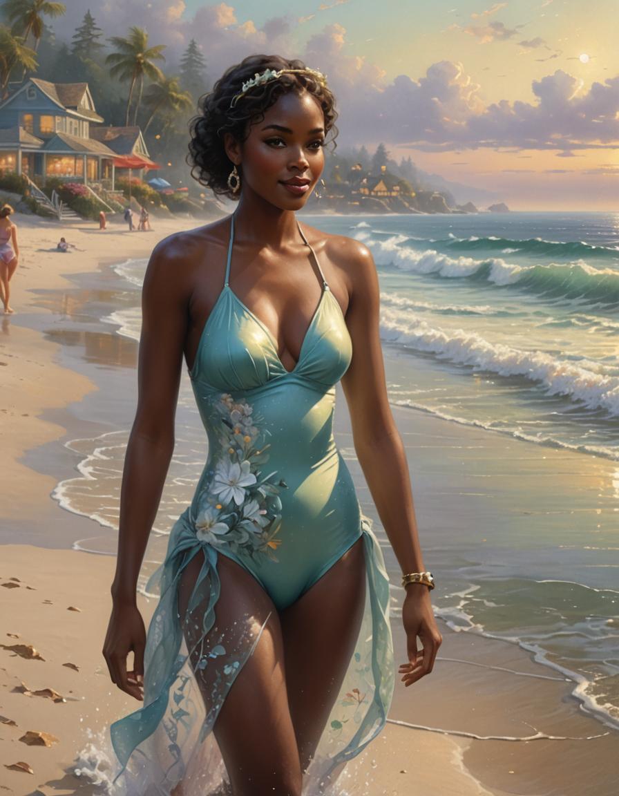 [Elegant Black woman in embroidered teal swimsuit walks along a sandy tropical beach at golden sunset, coastal homes in th...