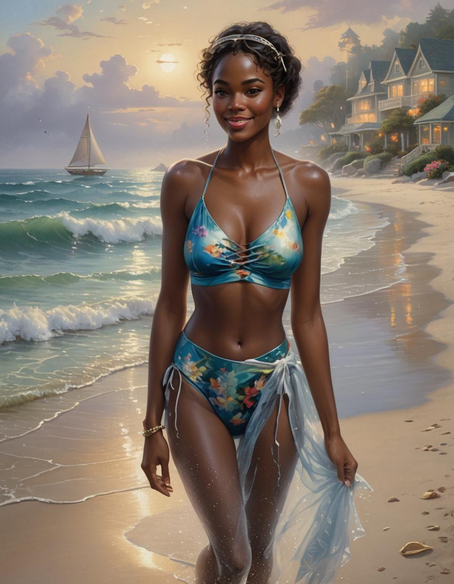 [Smiling Black woman in a floral blue bikini walks along a sandy sunset beach, with a sailboat and coastal homes in the ba...