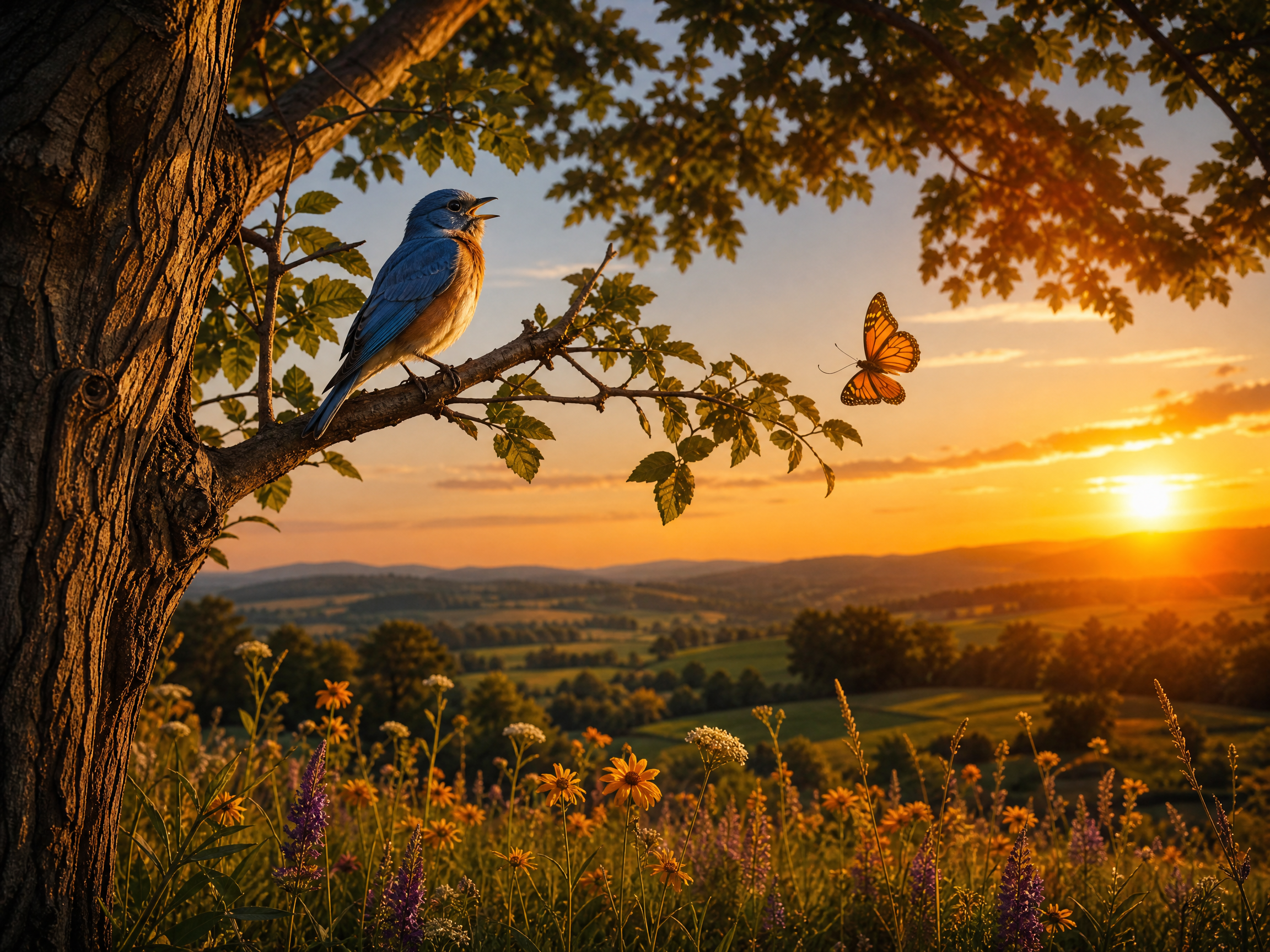 Eastern bluebird perched on tree branch, monarch butterfly hovering, overlooking wildflower meadow at golden sunset
