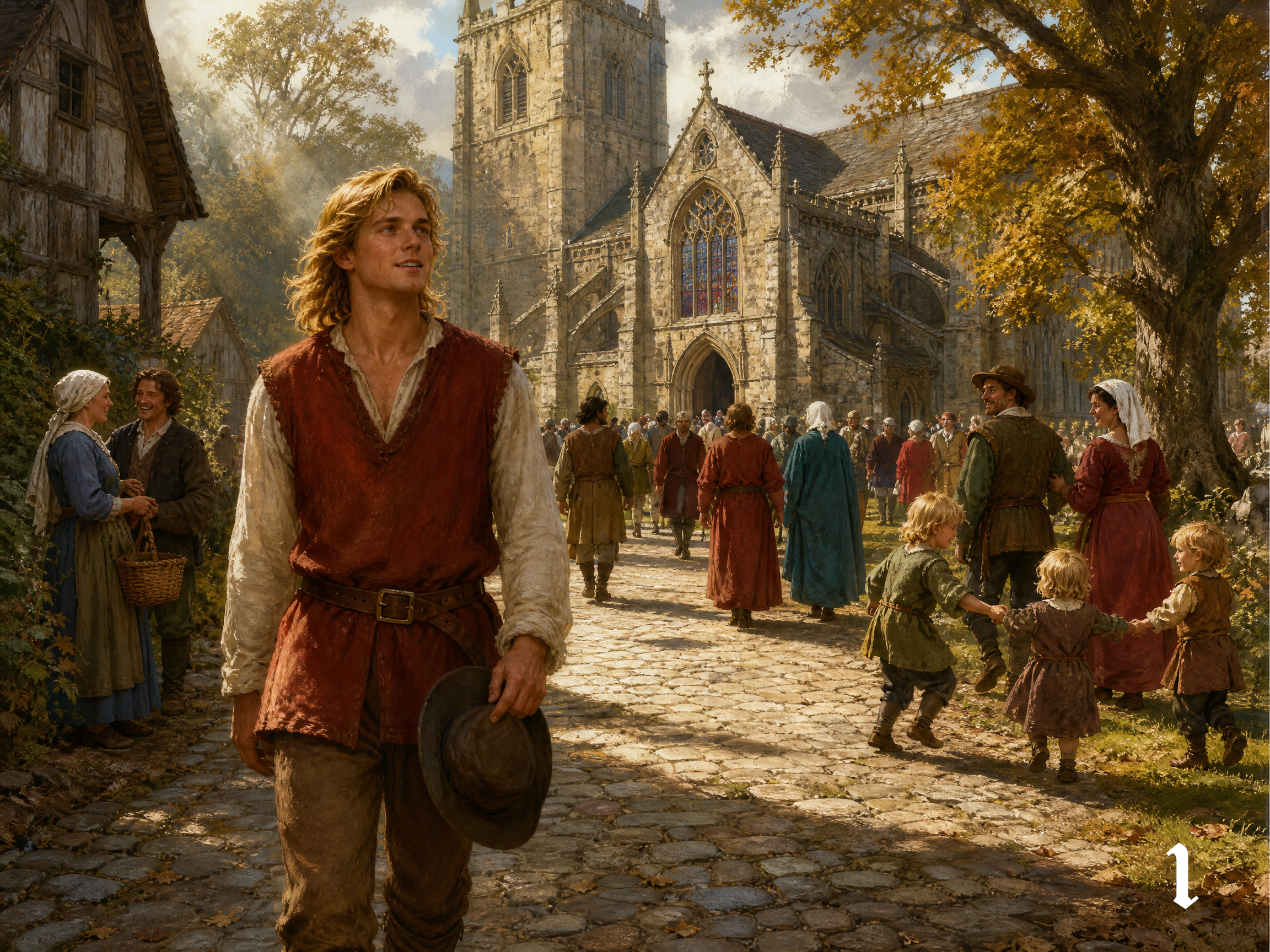 Blond medieval peasant holds his hat walking a cobblestone village street, with a stone Gothic church and townsfolk in aut...