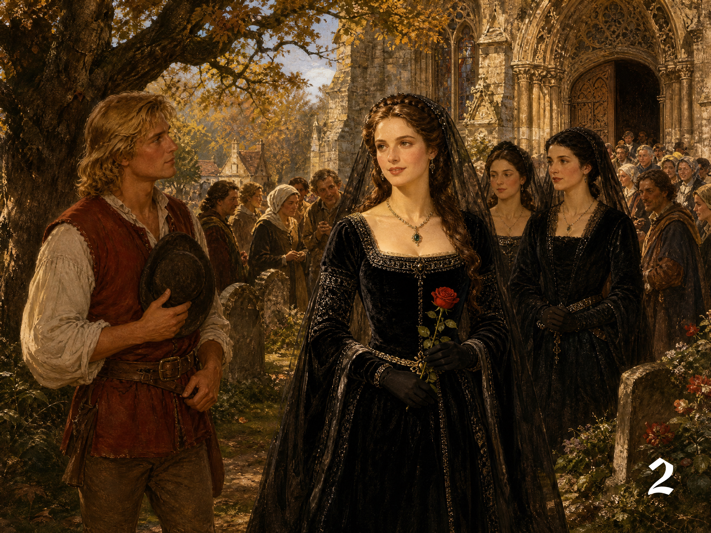 Oil painting of medieval noblewoman in black velvet gown holding red rose, standing outside a Gothic cathedral with villag...