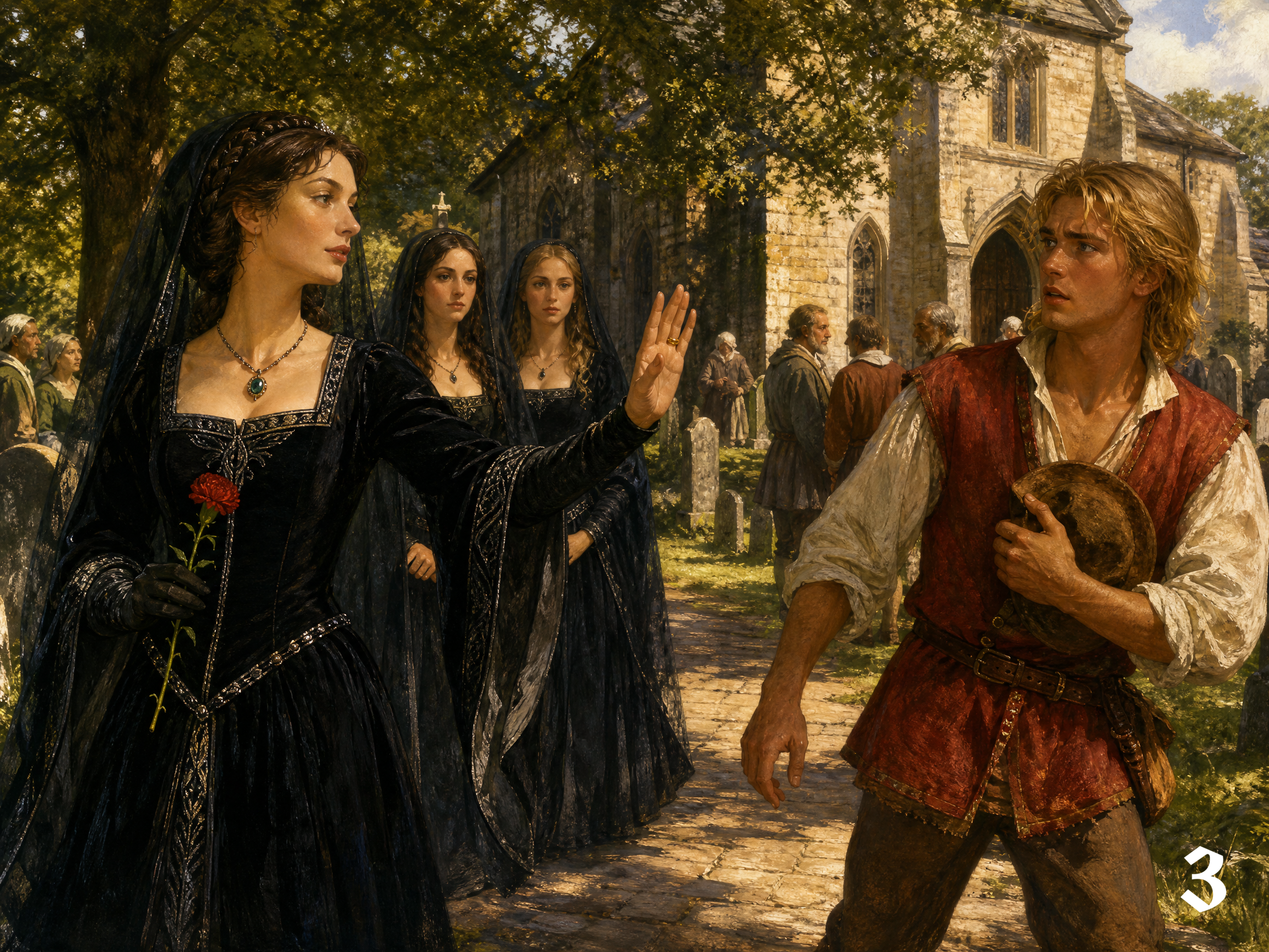 [Elegant noblewoman in black mourning gown raises her hand to stop a startled young man outside a stone medieval village c...