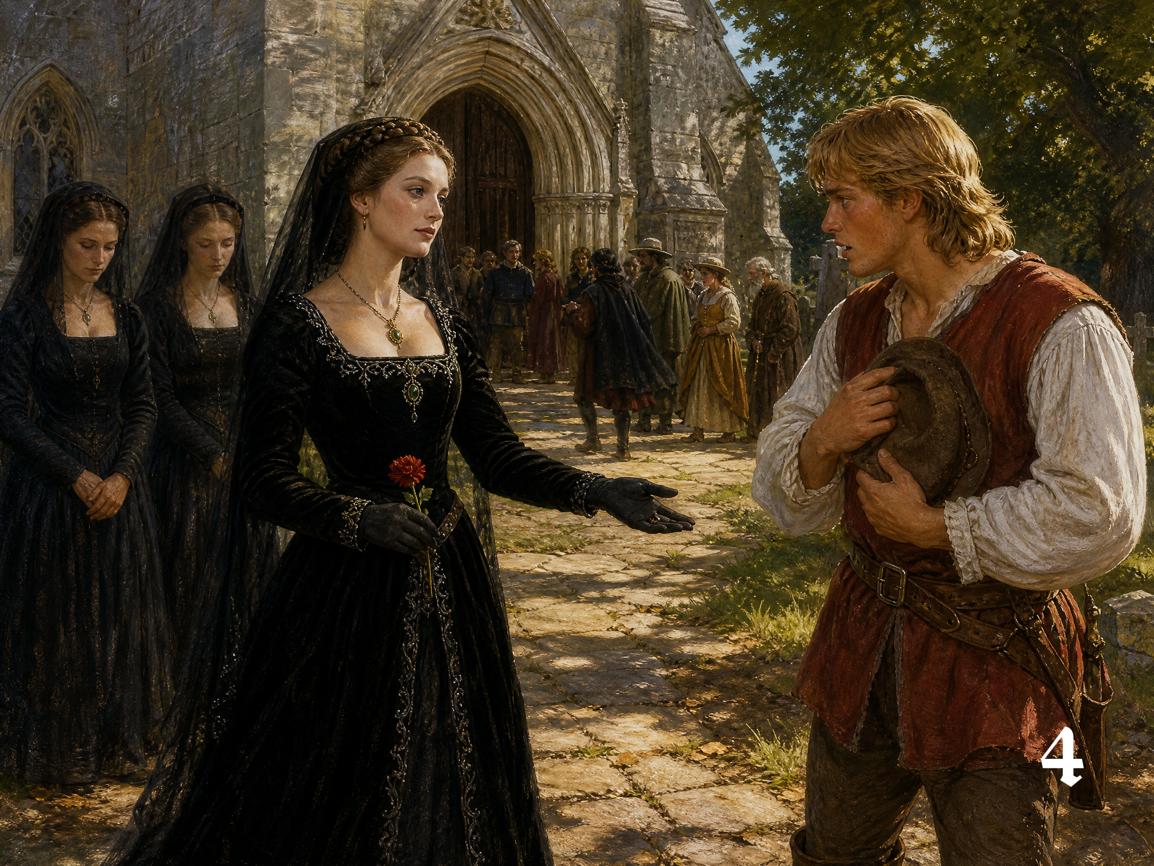 Medieval noblewoman in a black mourning gown extends her hand to a surprised peasant man outside a stone gothic church.