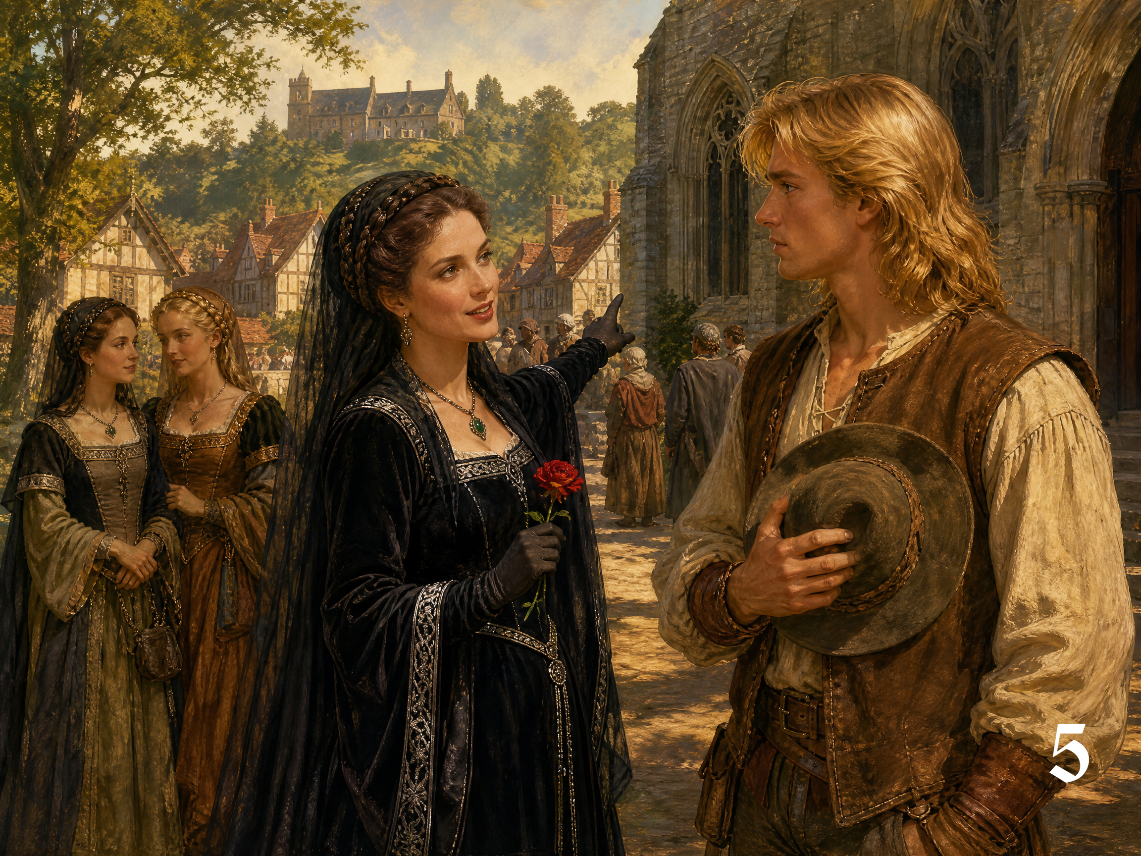 Sunlit medieval village scene where a noblewoman holding a red rose speaks to a traveler outside a stone gothic church.