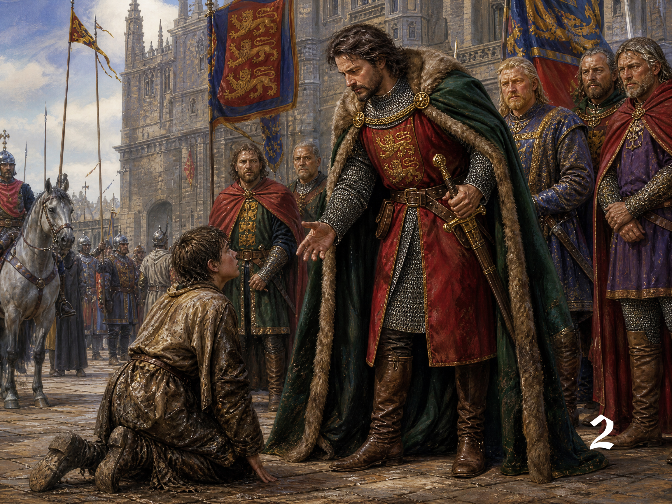 Medieval king extends a welcoming hand to a kneeling supplicant, surrounded by lords and royal banners outside a stone Got...