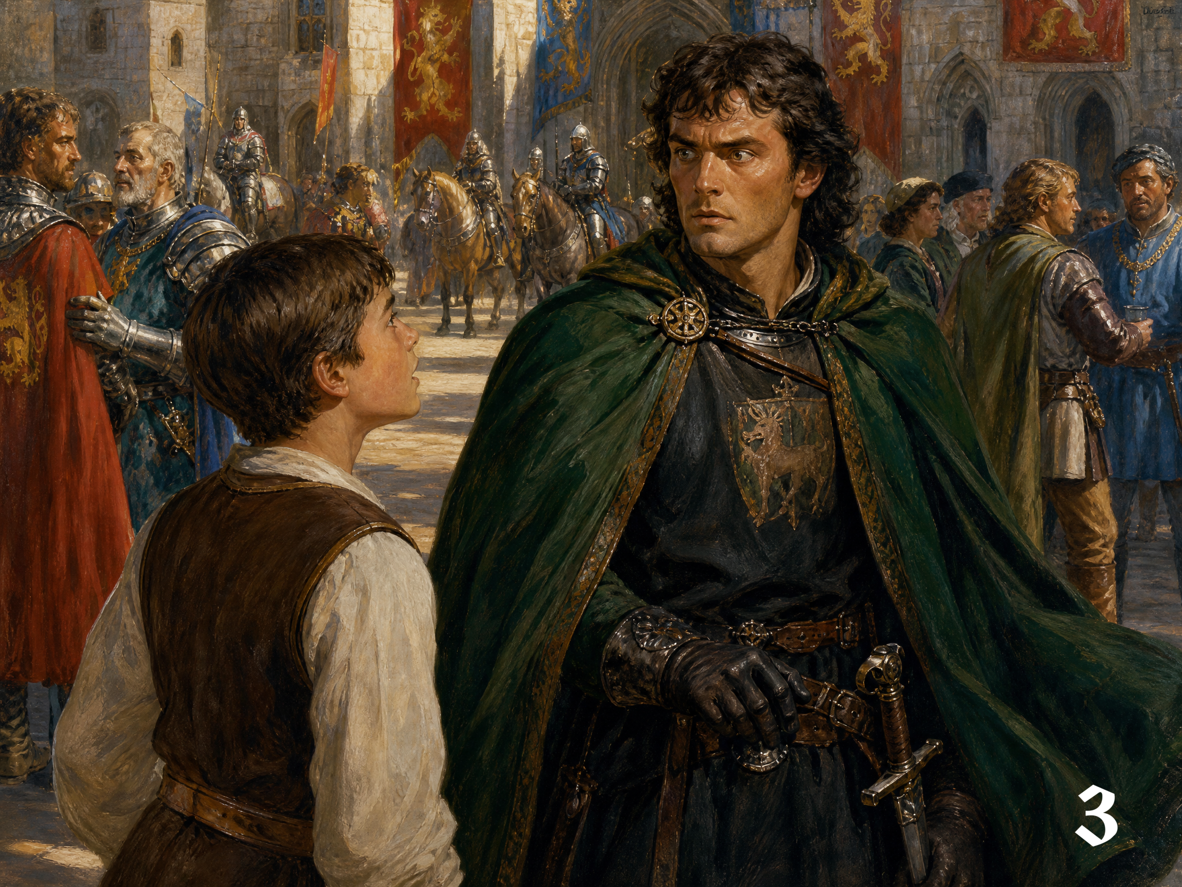 [Stern medieval lord in a green cloak stands as a young boy looks up, with armored knights and castle banners in a sunlit ...