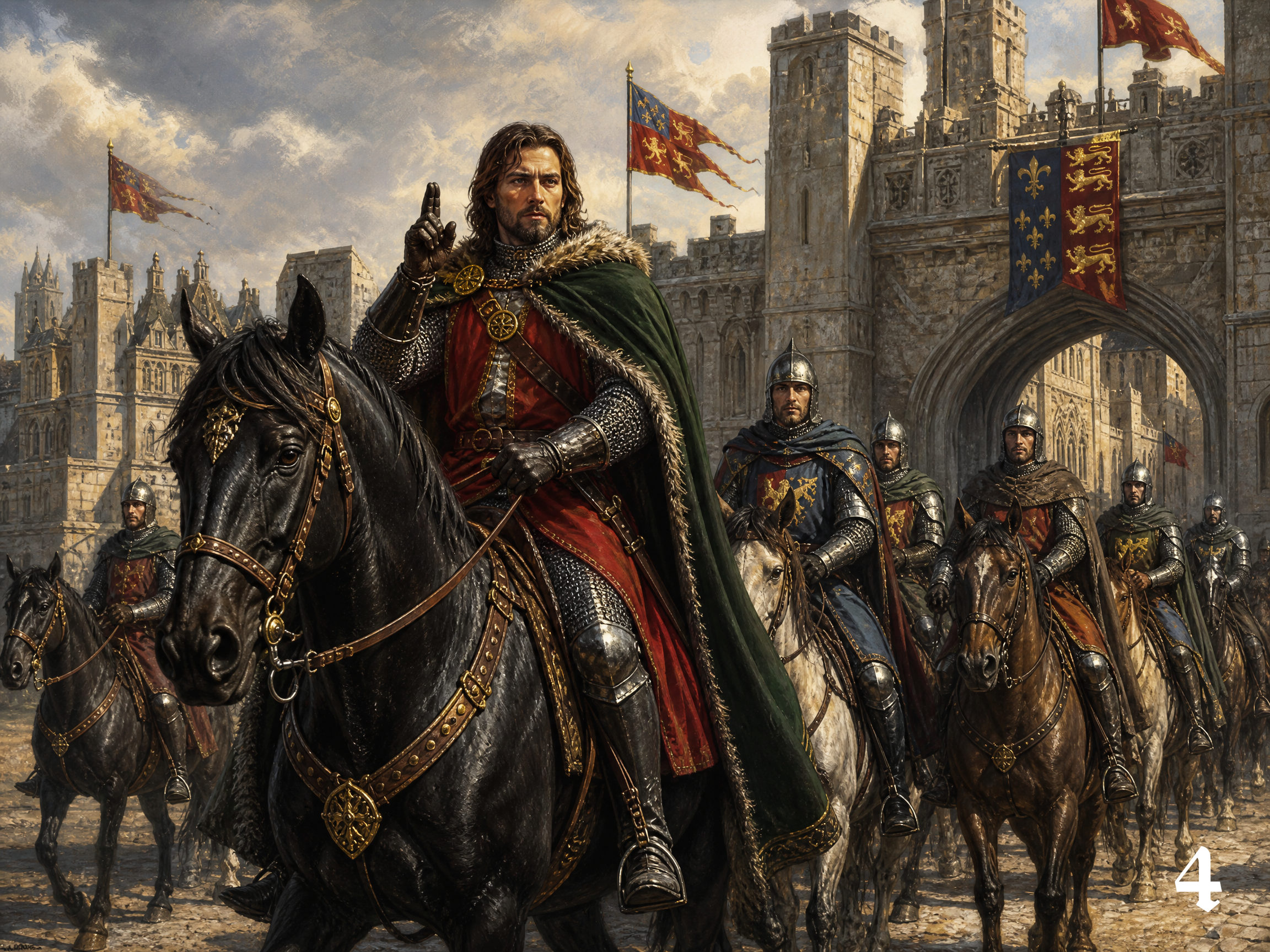 [Regal medieval king on a black war horse gestures while leading armored mounted knights outside a stone castle with heral...