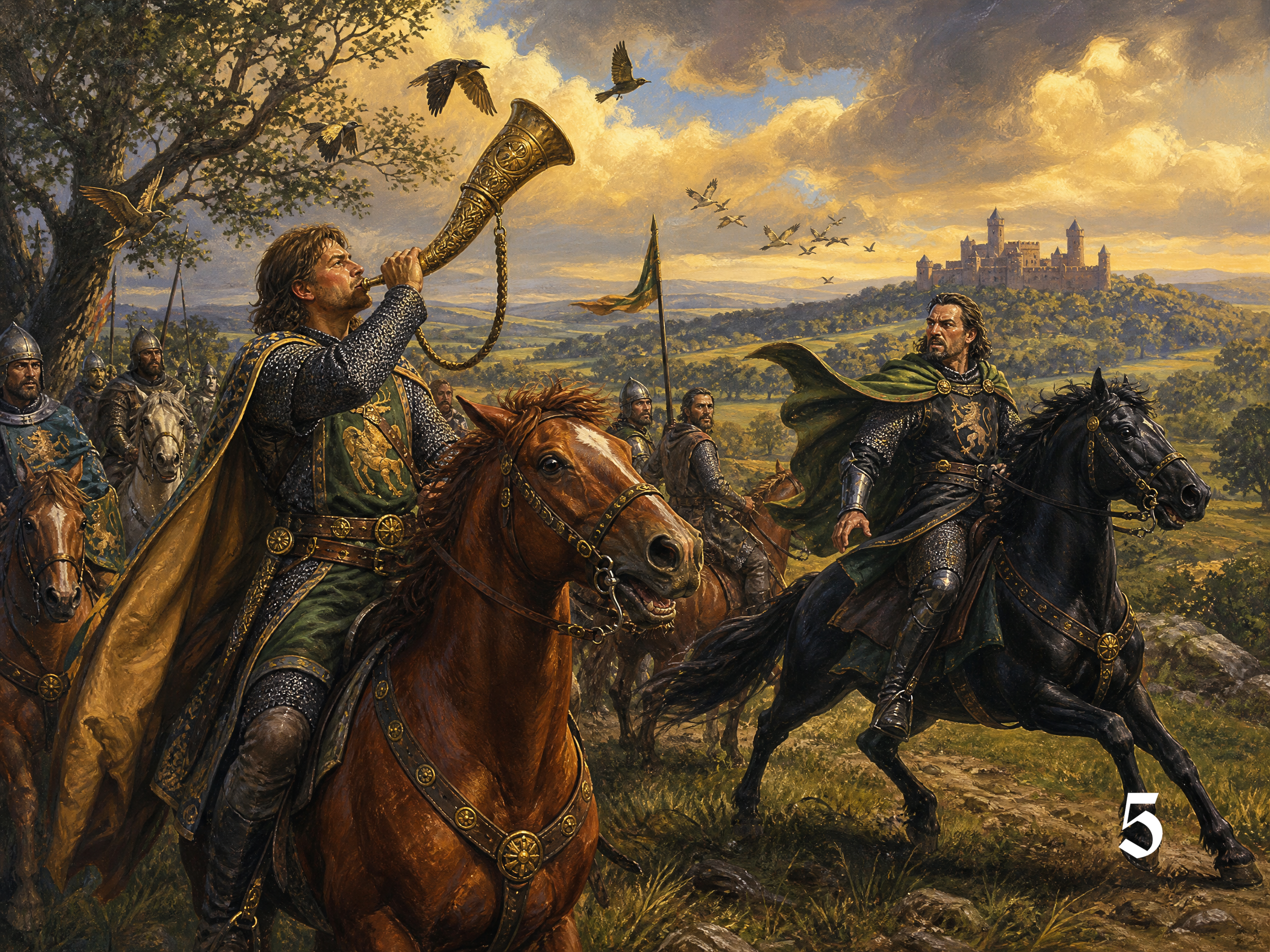 Medieval knight blows an ornate gilded horn on horseback, with mounted warriors and a distant hilltop castle at golden sun...
