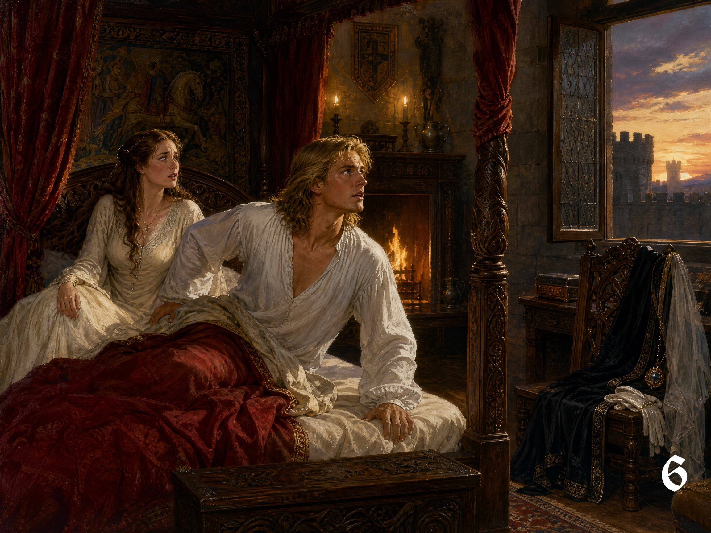 [Startled medieval noble couple sit upright in an ornate four-poster castle bedroom, lit by fireplace glow and sunset thro...