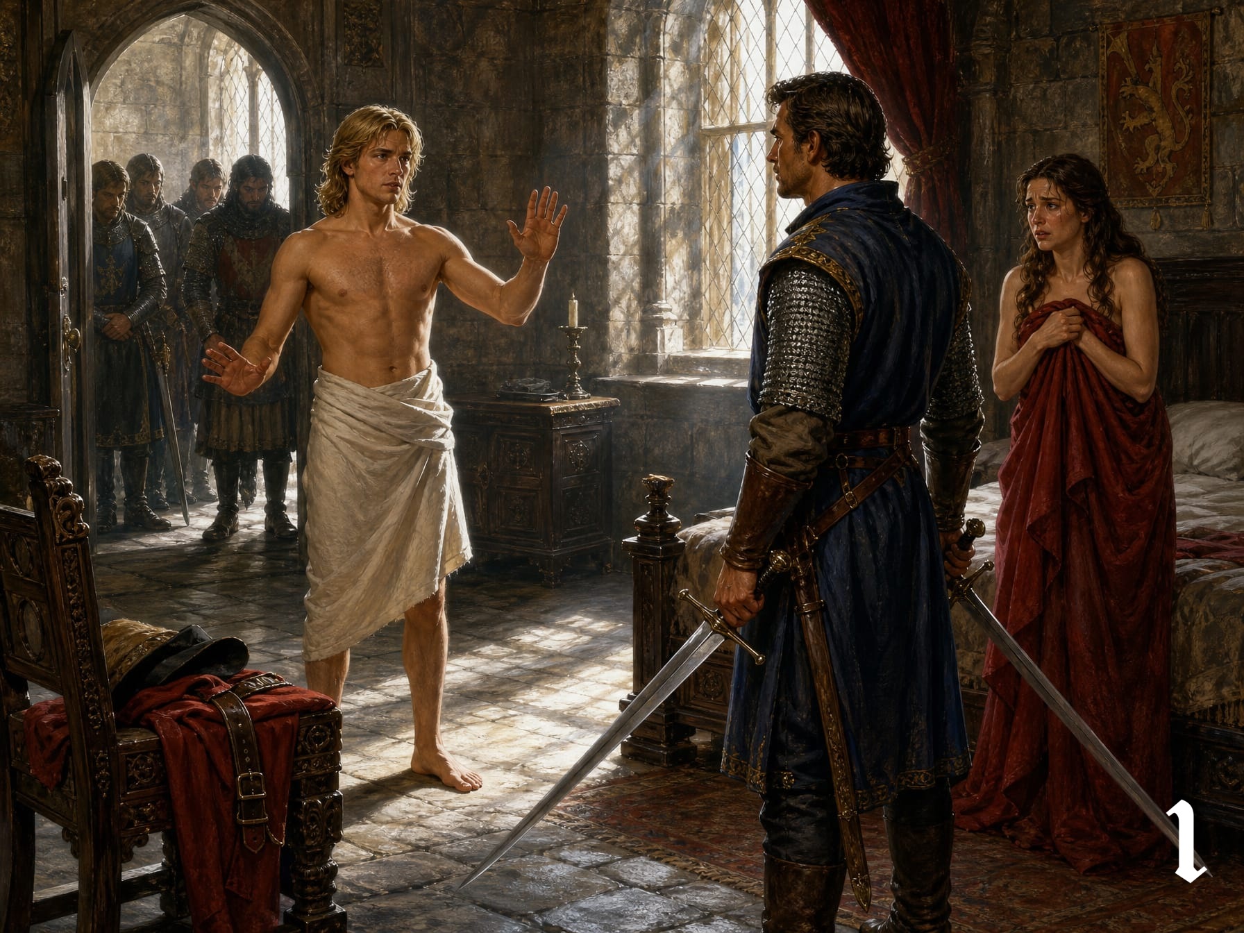 Tense medieval castle bedroom confrontation, shirtless blonde man gestures to armed knight, distraught woman stands by bed...