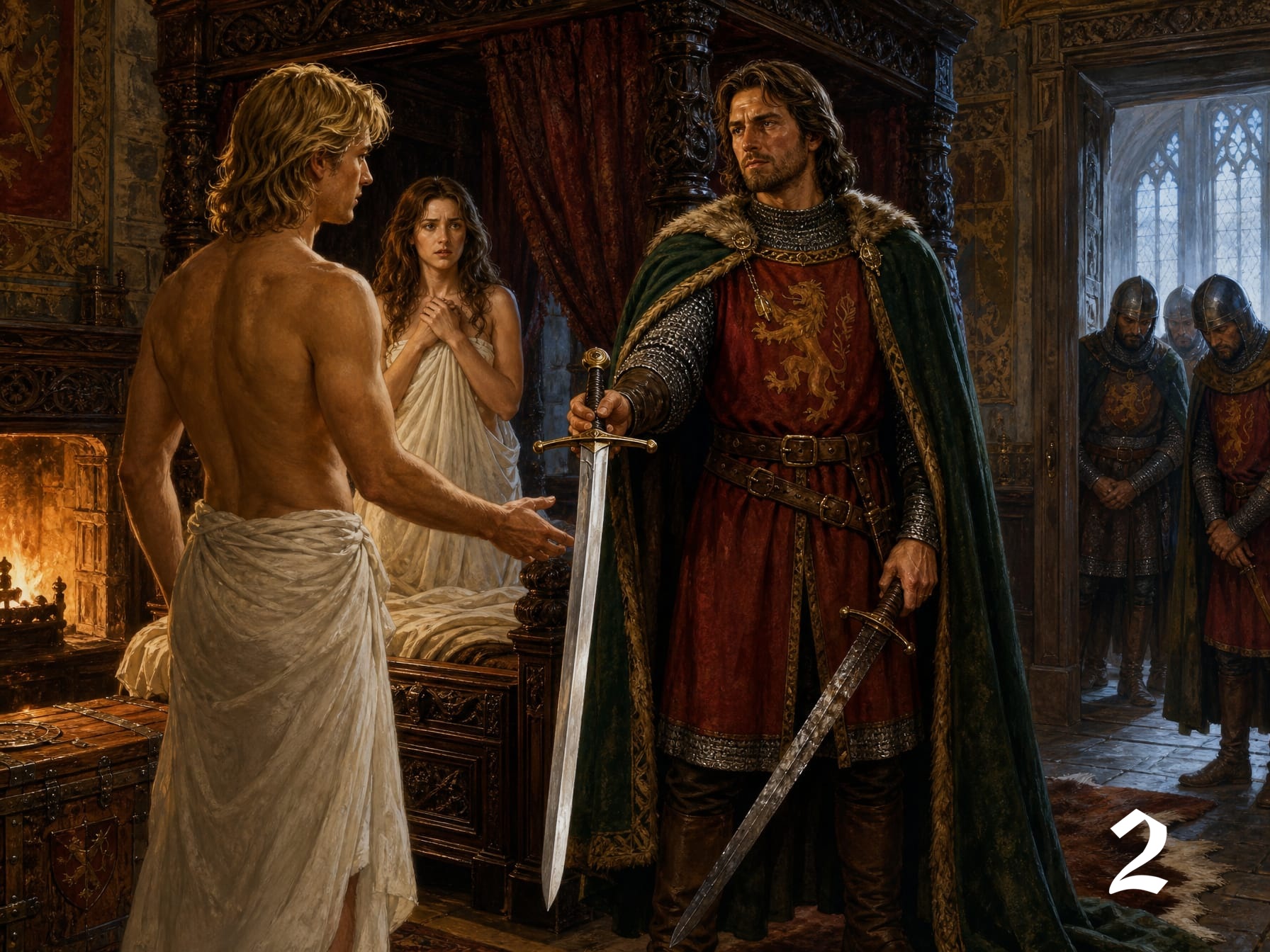 Dramatic medieval confrontation: armored knight holds sword between bare-chested man and worried woman in a rich castle be...