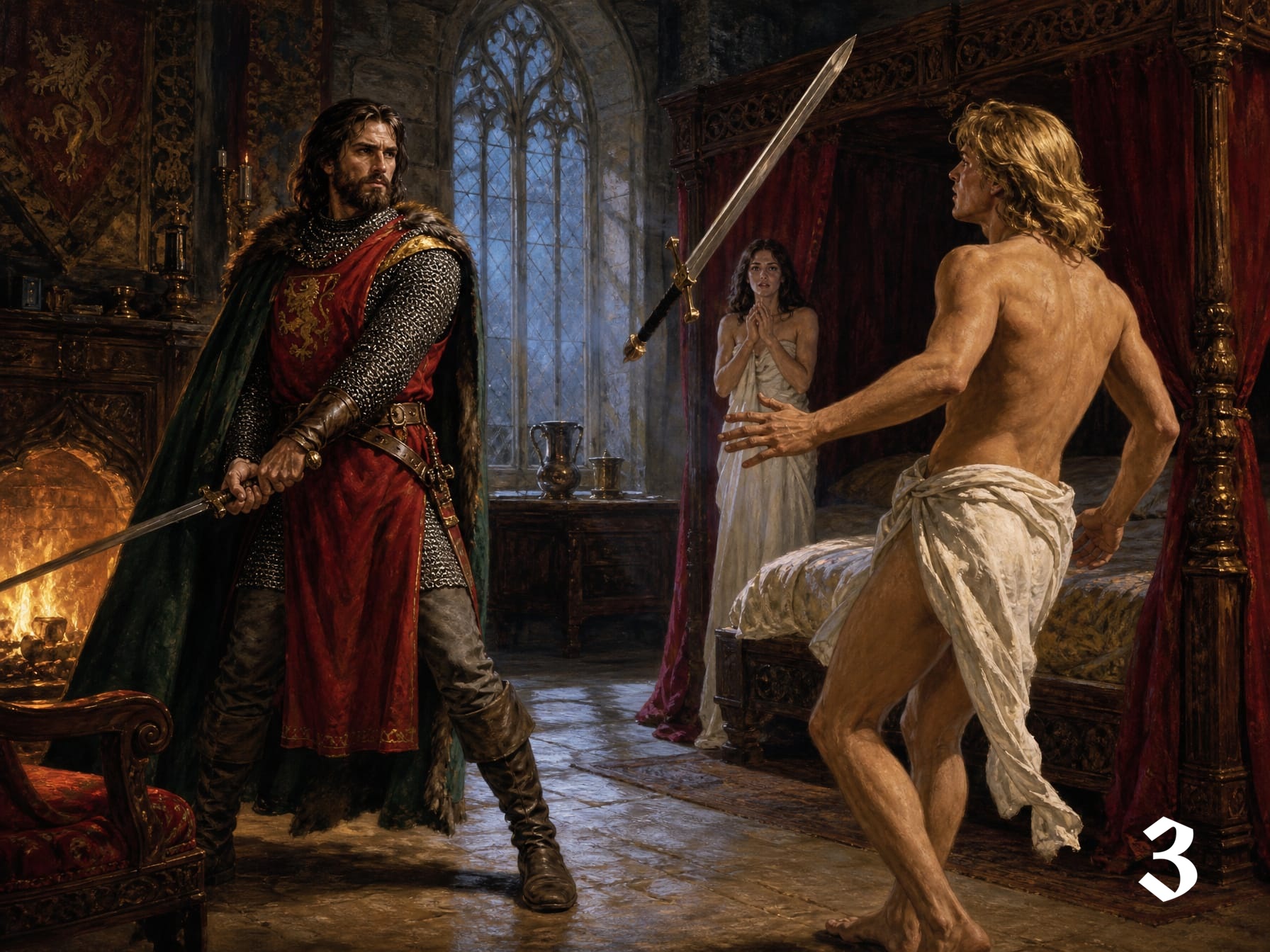 [Bearded medieval knight confronts a man with a floating enchanted sword, as a worried woman watches from a castle bedcham...