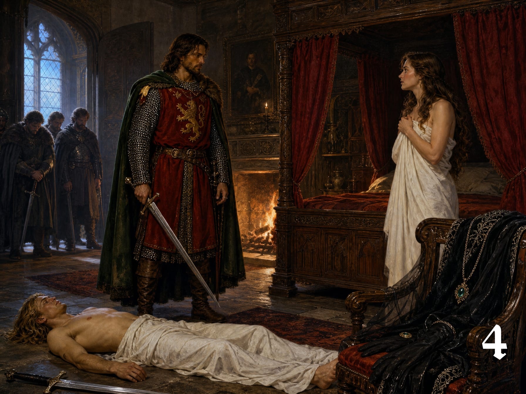 Dramatic medieval royal chamber scene: armored knight faces distressed noblewoman, slain man lies on floor as guards stand...