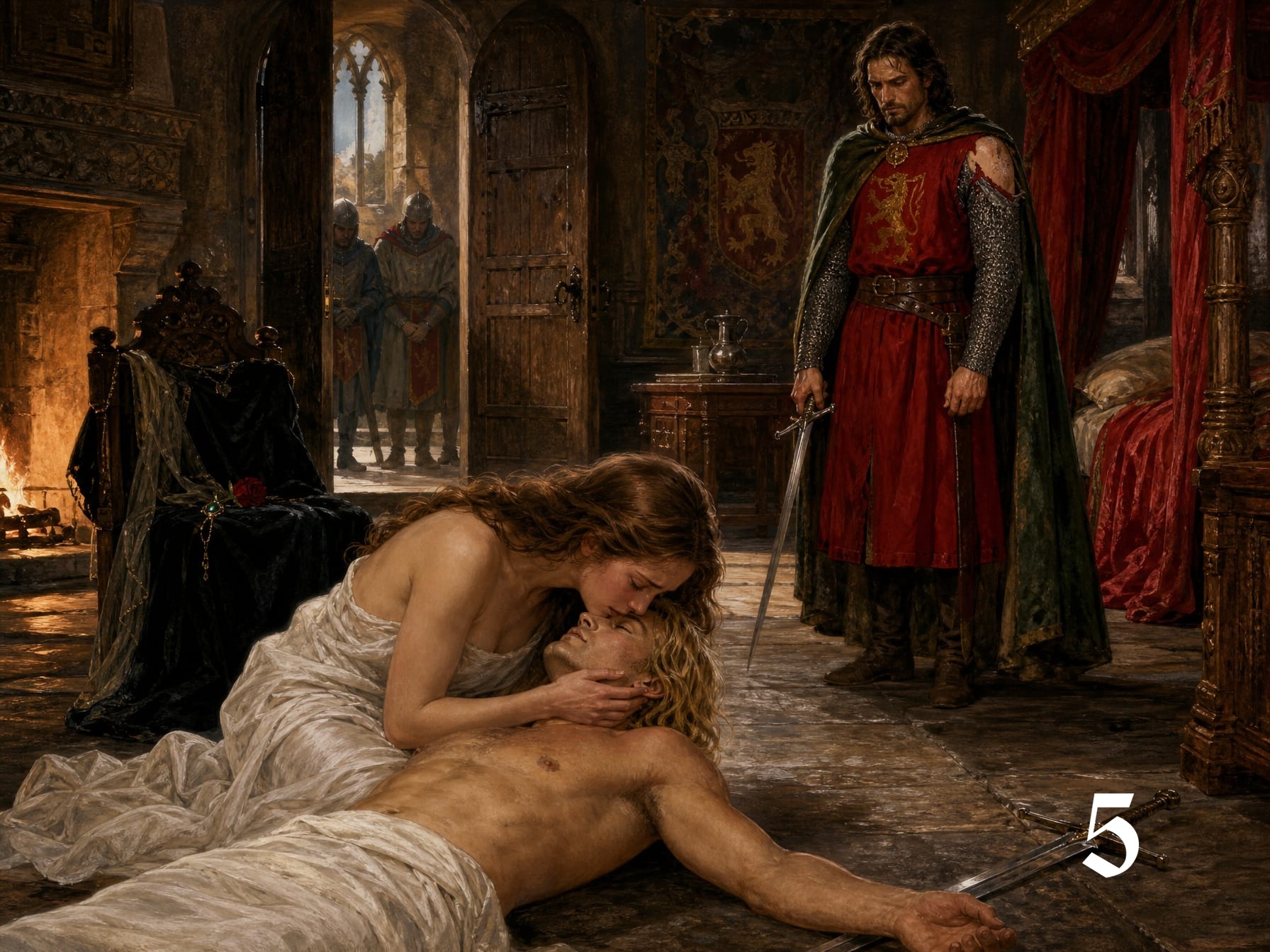 [Grieving woman kisses a fallen knight on a castle floor while an armored lord with a sword stands watch in a medieval cha...