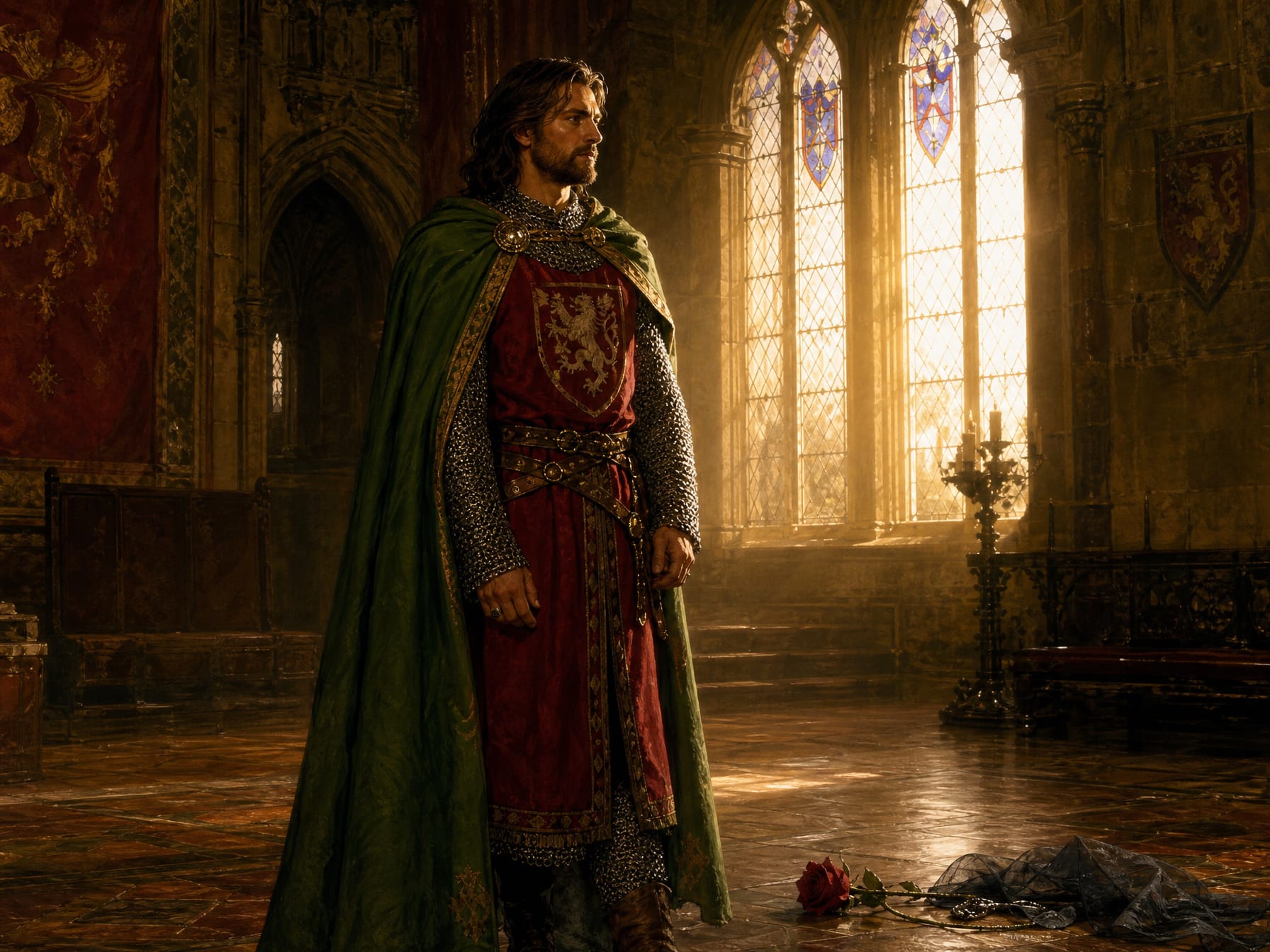 [Medieval royal knight in green cloak and lion-crested red tunic stands in sunlit gothic castle great hall, gazing toward ...