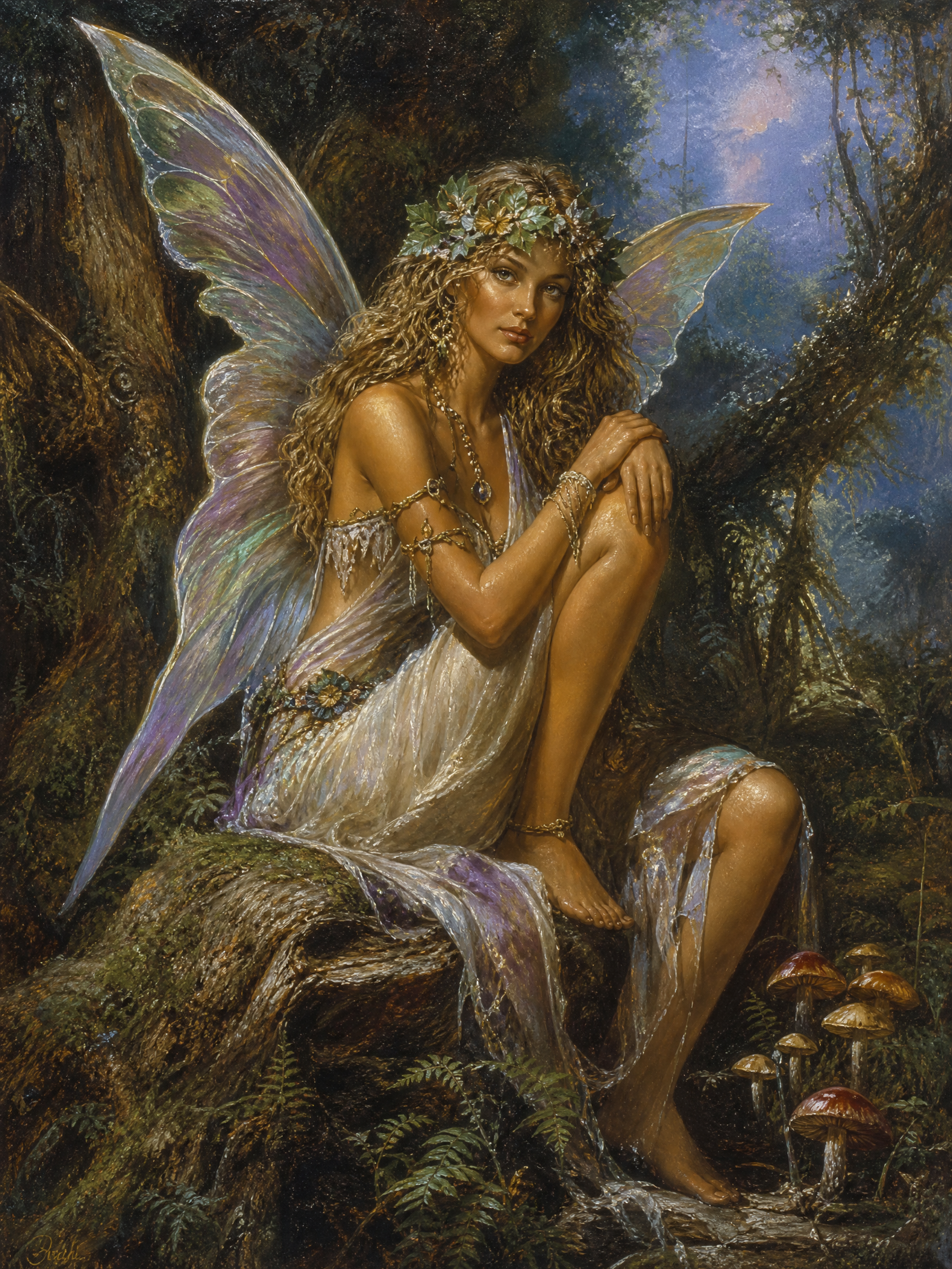 [Ethereal winged forest fairy seated on a mossy tree stump in a moonlit enchanted woodland, surrounded by ferns and wild m...