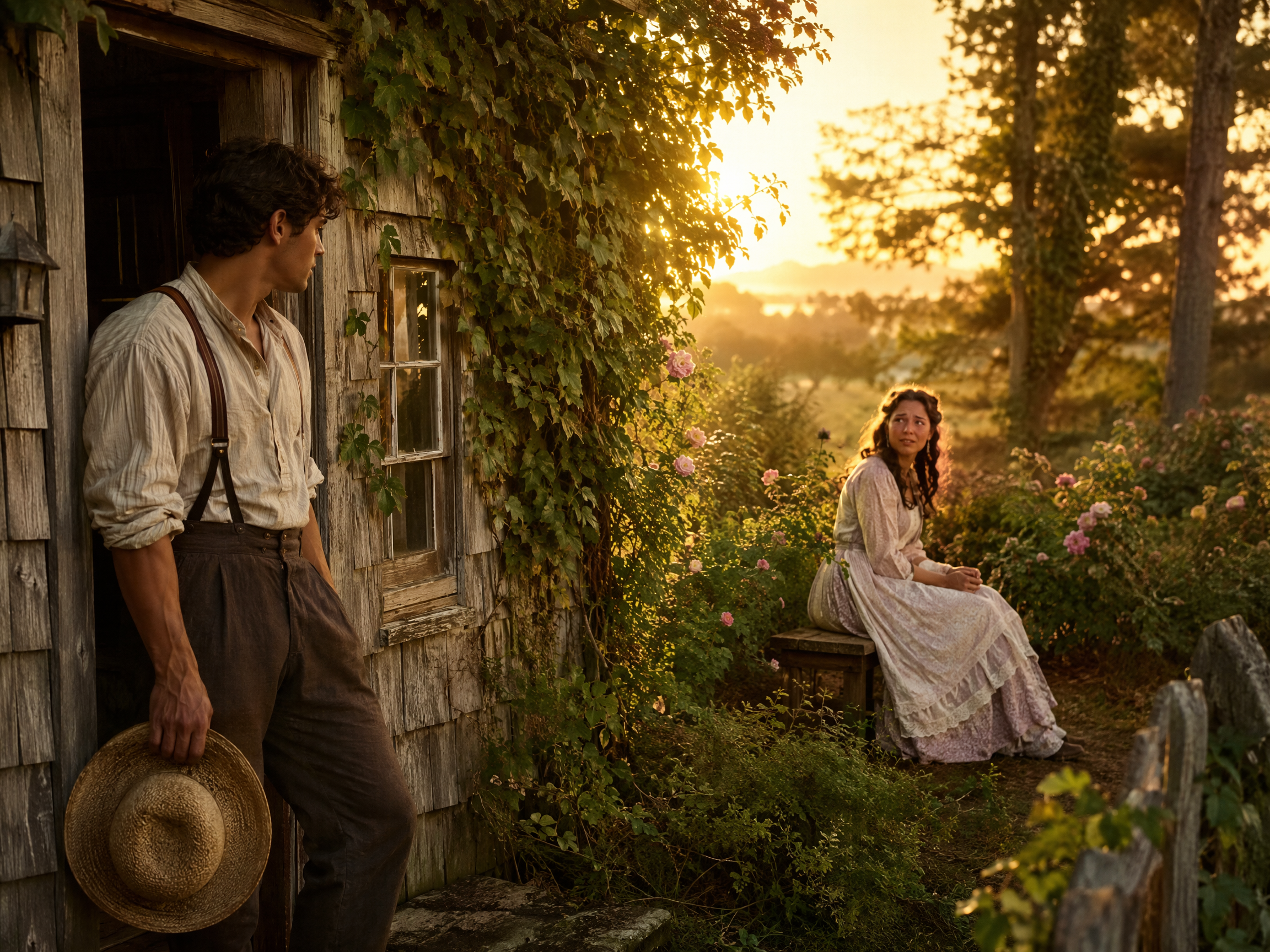 Man in period workwear leans on an ivy-covered rustic cabin, watching a woman in vintage dress in a rose garden at golden ...