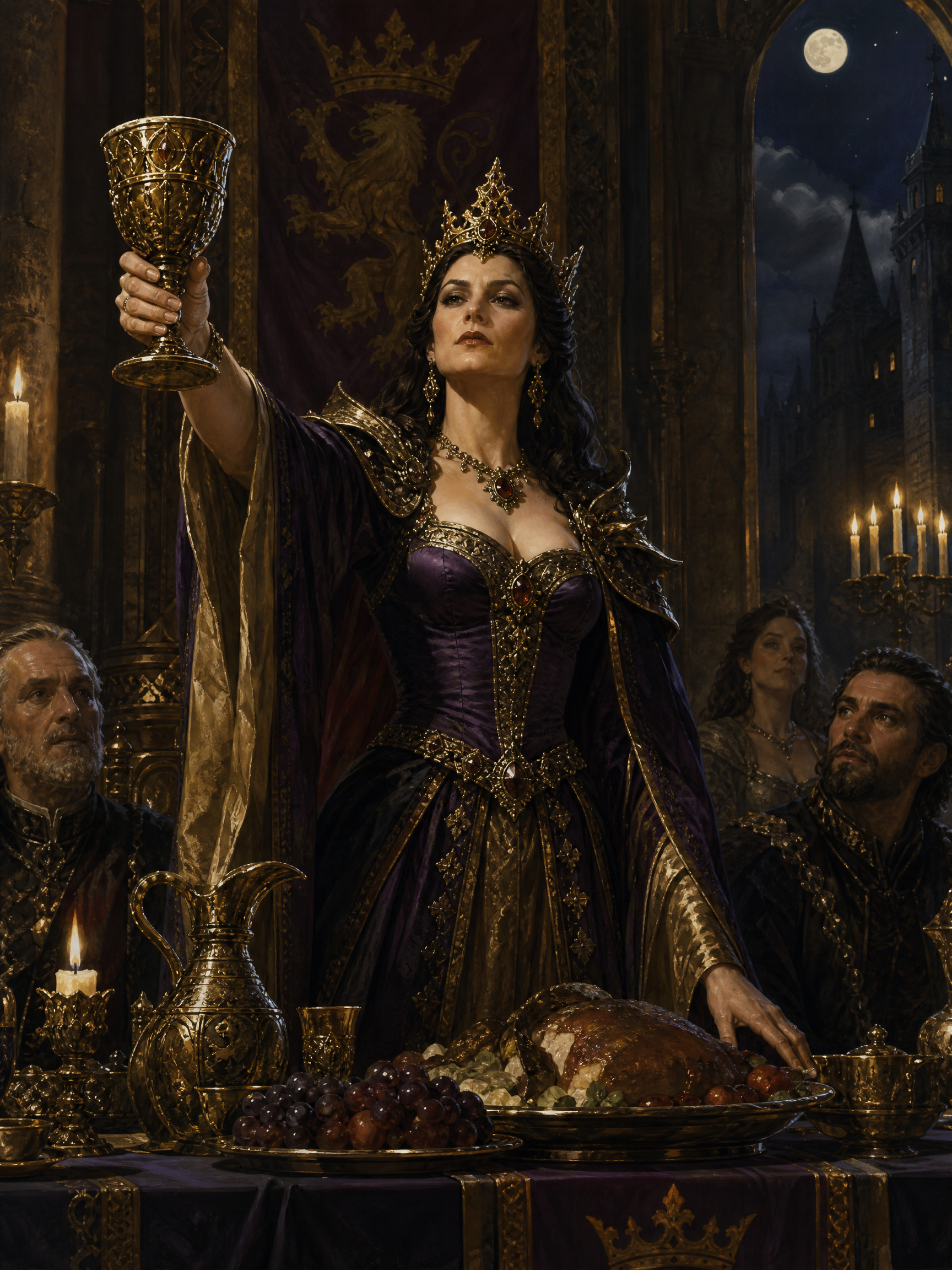 Regal medieval queen in a jeweled golden crown raises an ornate gilded goblet in toast at a lavish candlelit royal banquet.