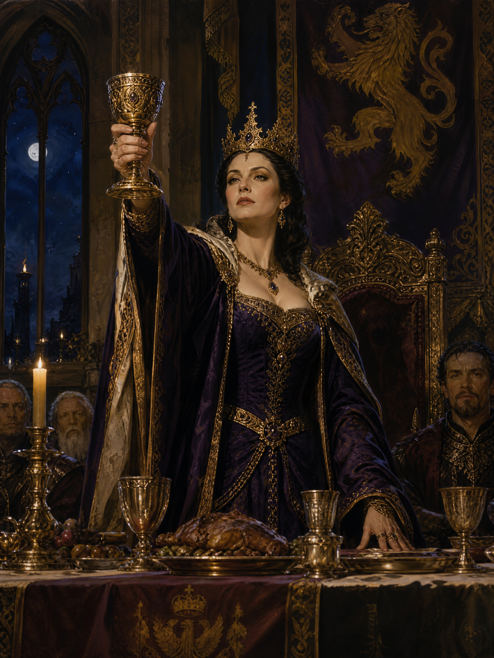 Regal medieval queen wearing a jeweled crown raises an ornate golden goblet in toast at a candlelit royal feast in a gothi...