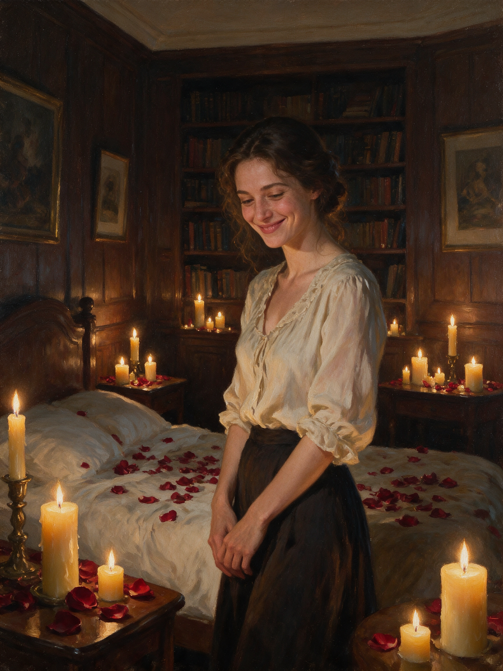 Smiling young woman stands in a warm candlelit vintage bedroom scattered with red rose petals and glowing lit candles