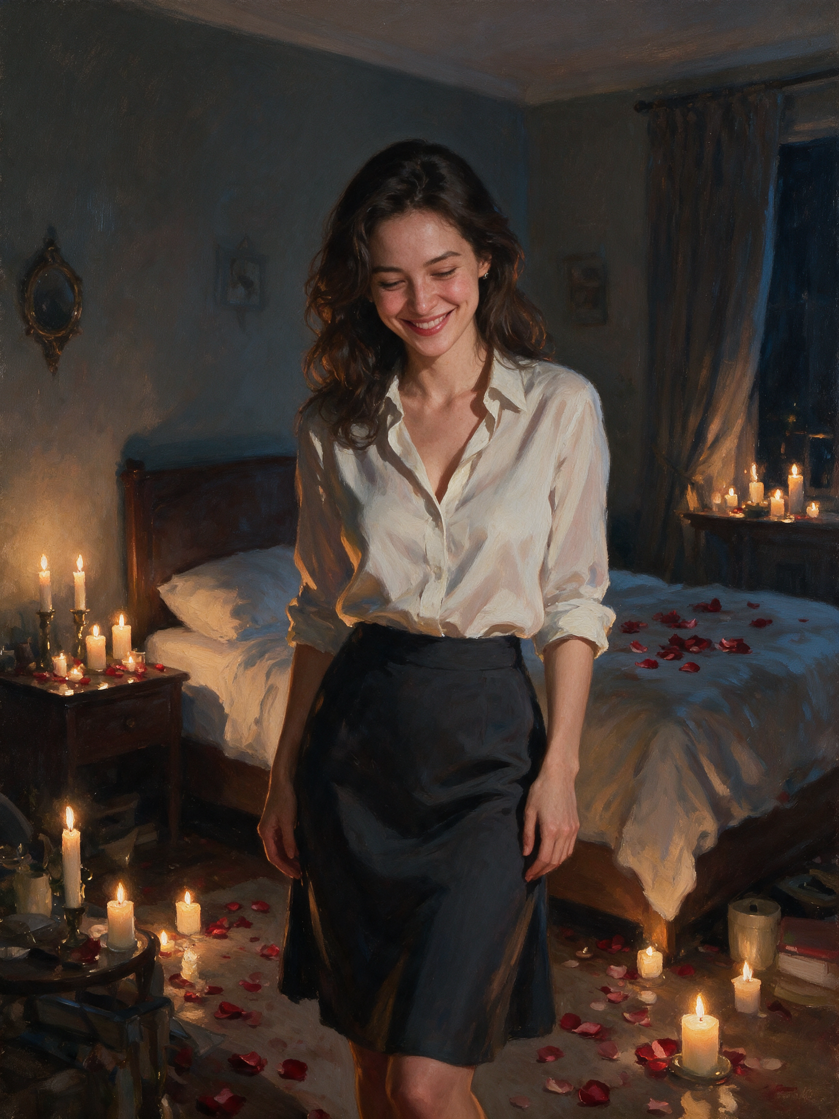 Smiling young woman standing in a candlelit romantic bedroom scattered with red rose petals at night.
