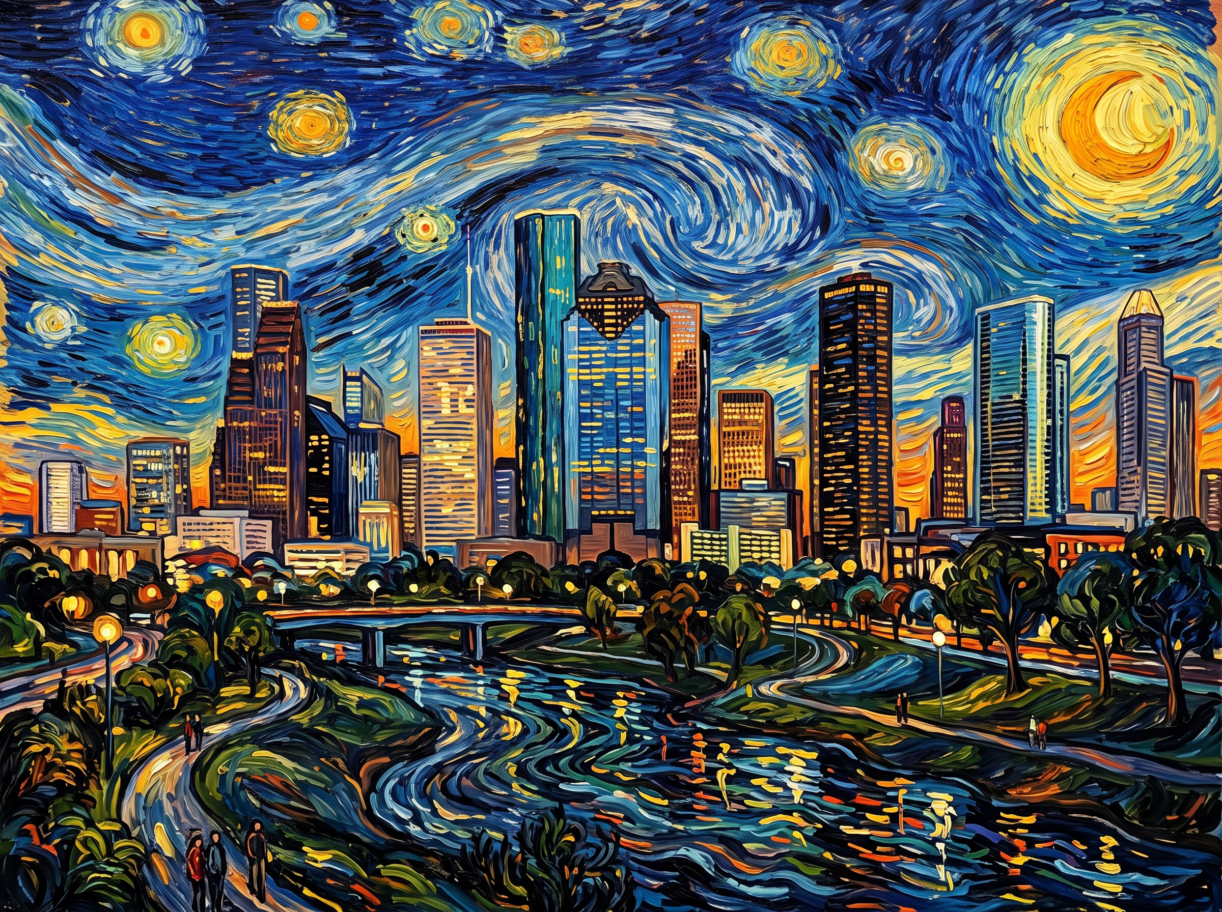 Van Gogh Starry Night style painting of downtown Houston skyline, swirling starry night sky and river park foreground.