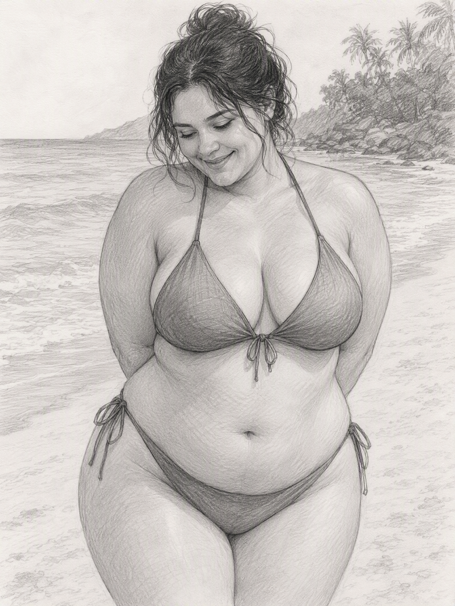 Realistic pencil sketch of a smiling plus-size woman in a bikini standing on a tropical beach shoreline.