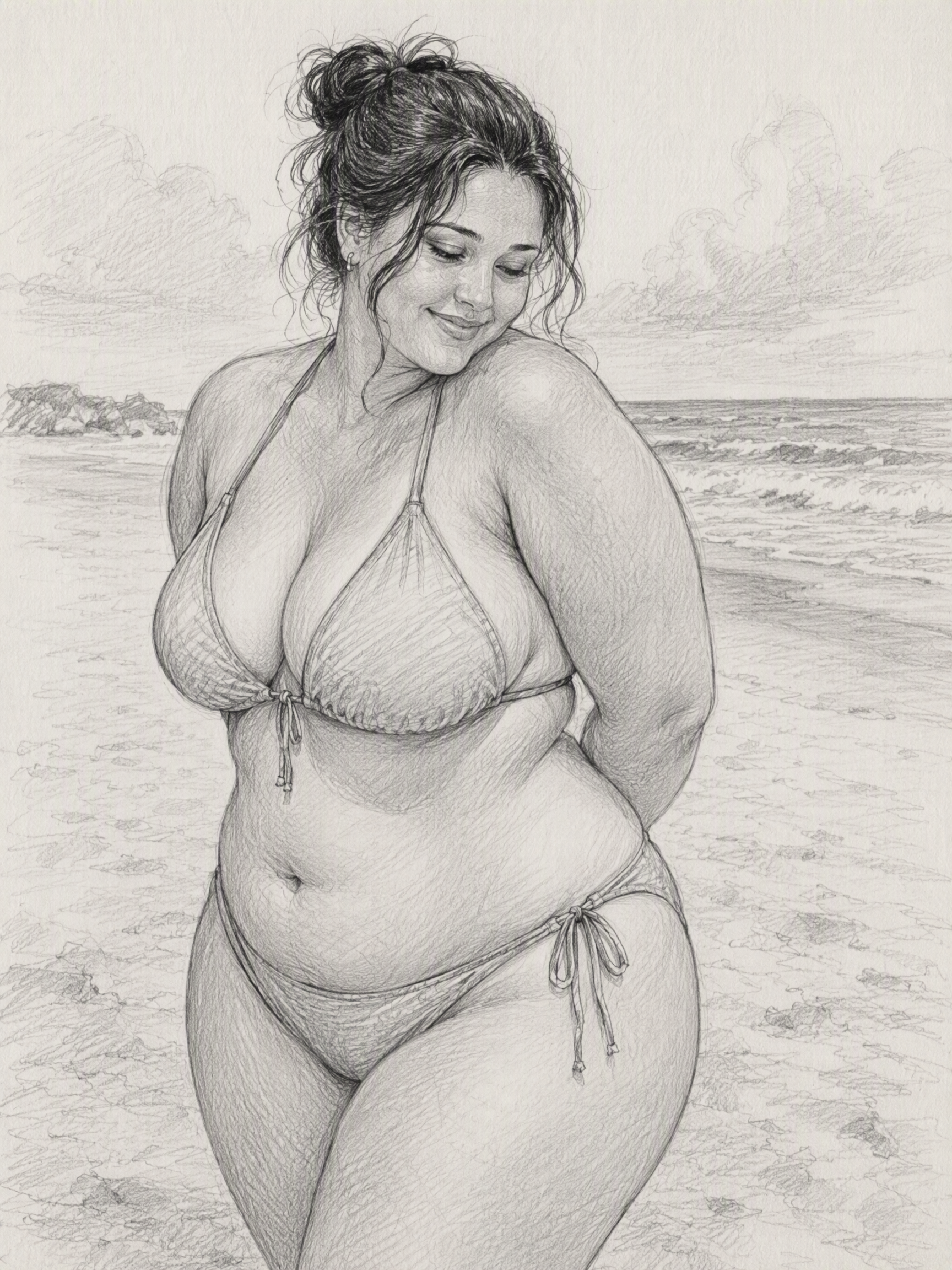 Graphite pencil sketch of a smiling plus-size woman in a bikini standing on a sandy beach shoreline