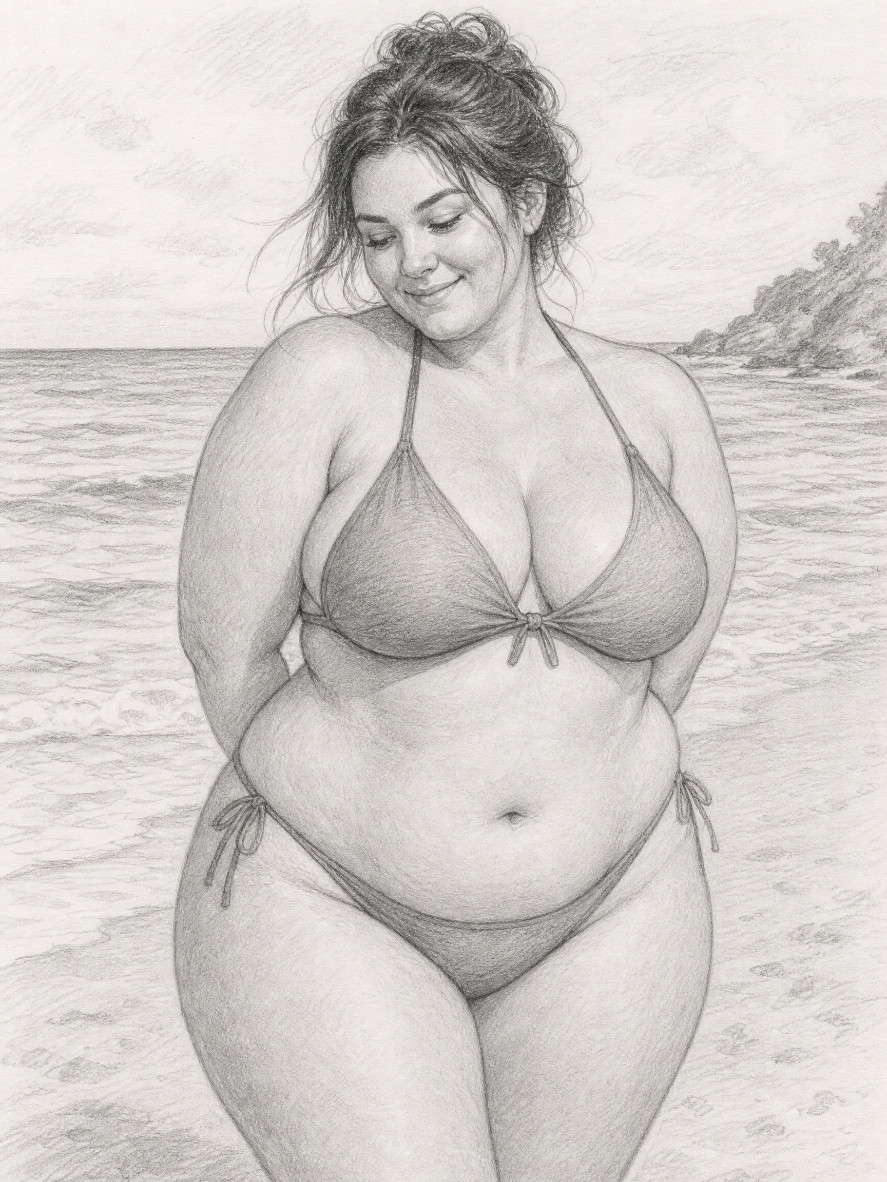Detailed pencil sketch of a smiling plus-size woman in a bikini standing on a sandy ocean shore.