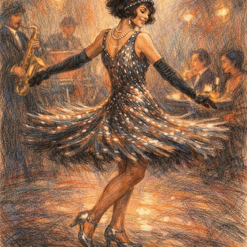 Stylish 1920s flapper dancing in a sequined fringe dress in a lively jazz club scene.