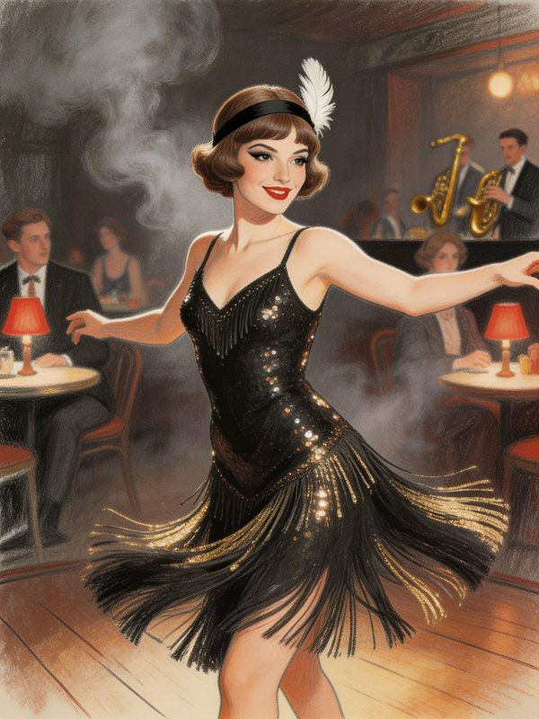 A flapper dancer in a black sequin fringe dress with a feather headband in a smoky 1920s jazz club.