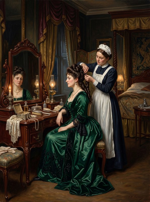 19th-century maid styling a noblewoman's hair in an opulent Victorian dressing room with a gilded mirror.