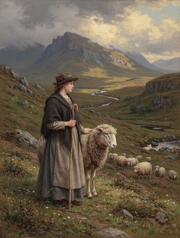 Young shepherd woman in a cloak with a staff beside a sheep in a mountainous valley.