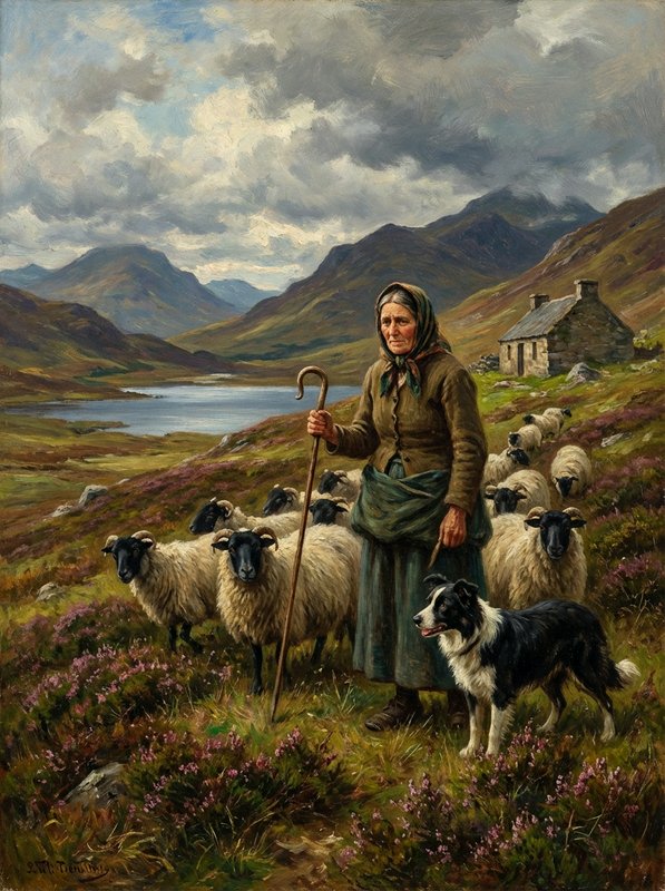 A shepherdess with a staff tending a flock of sheep in a Scottish valley with mountains and a cottage.